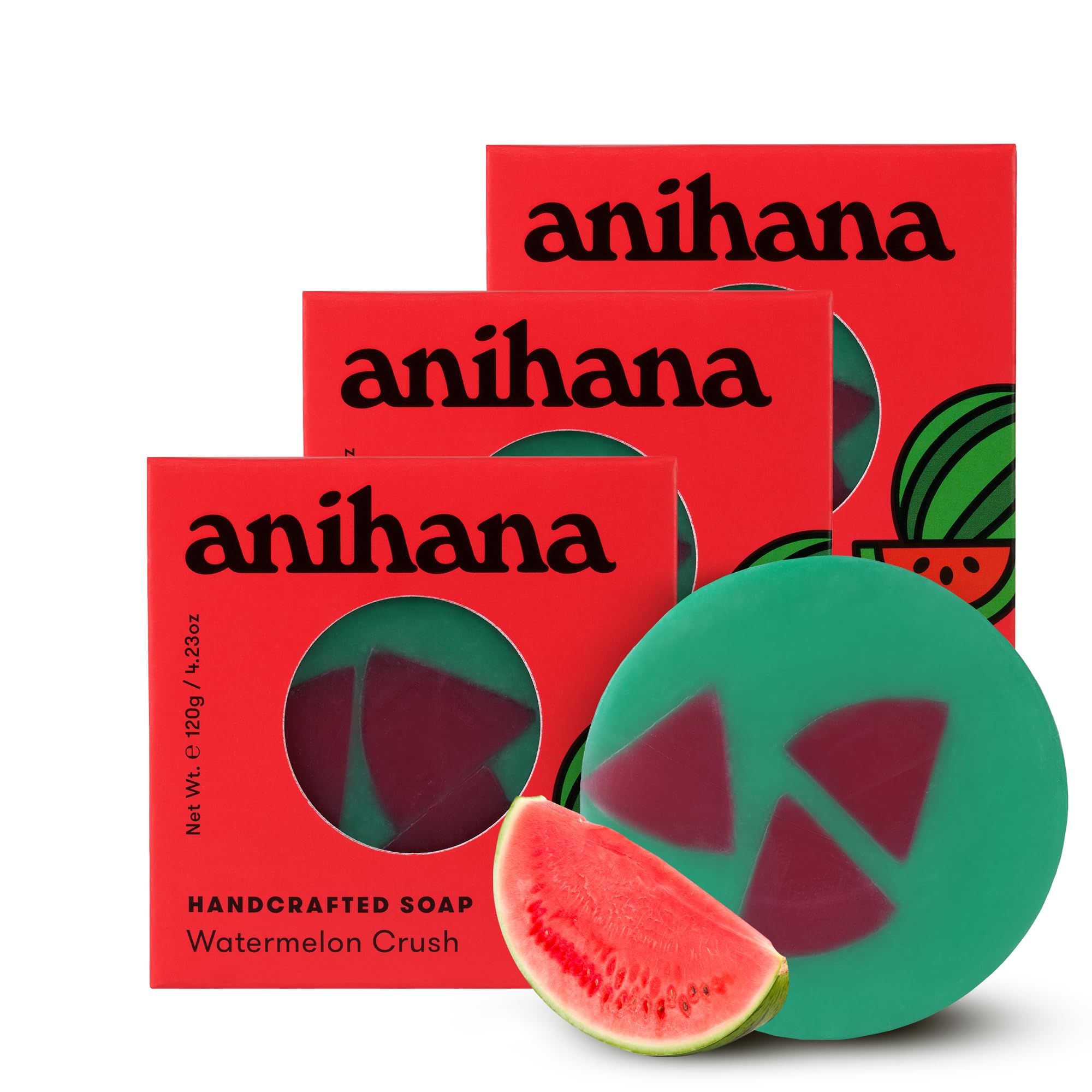 ANIHANA Handcrafted Soap 3 Pack with Coconut Oil, Gentle Cleansing Paraben Free Cruelty Free Refreshing Watermelon Crush Scent 4.23 oz each