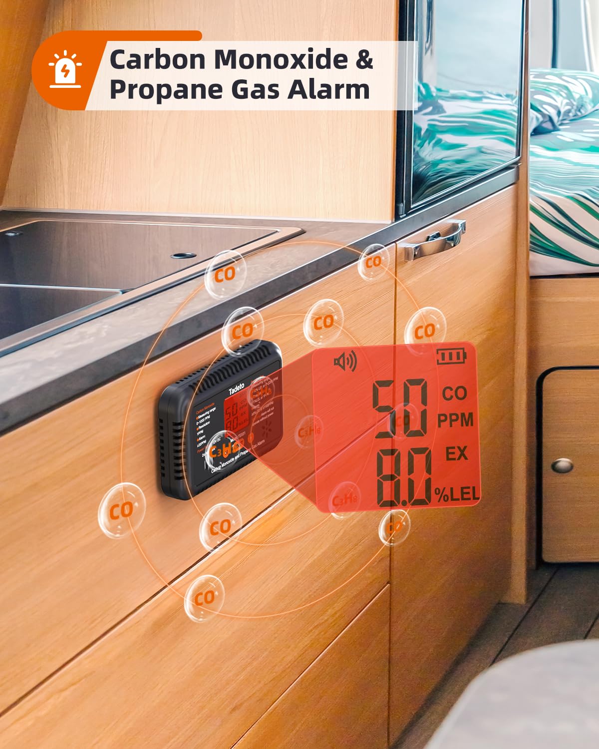 Tadeto RV Carbon Monoxide and Propane Gas Alarm, 12V DC CO/LPG Gas Leak Alarm with Light and Audible Indicator, RV Carbon Monoxide and Propane Gas Detector with Reset/Backlight for RV/Trailer/Camper