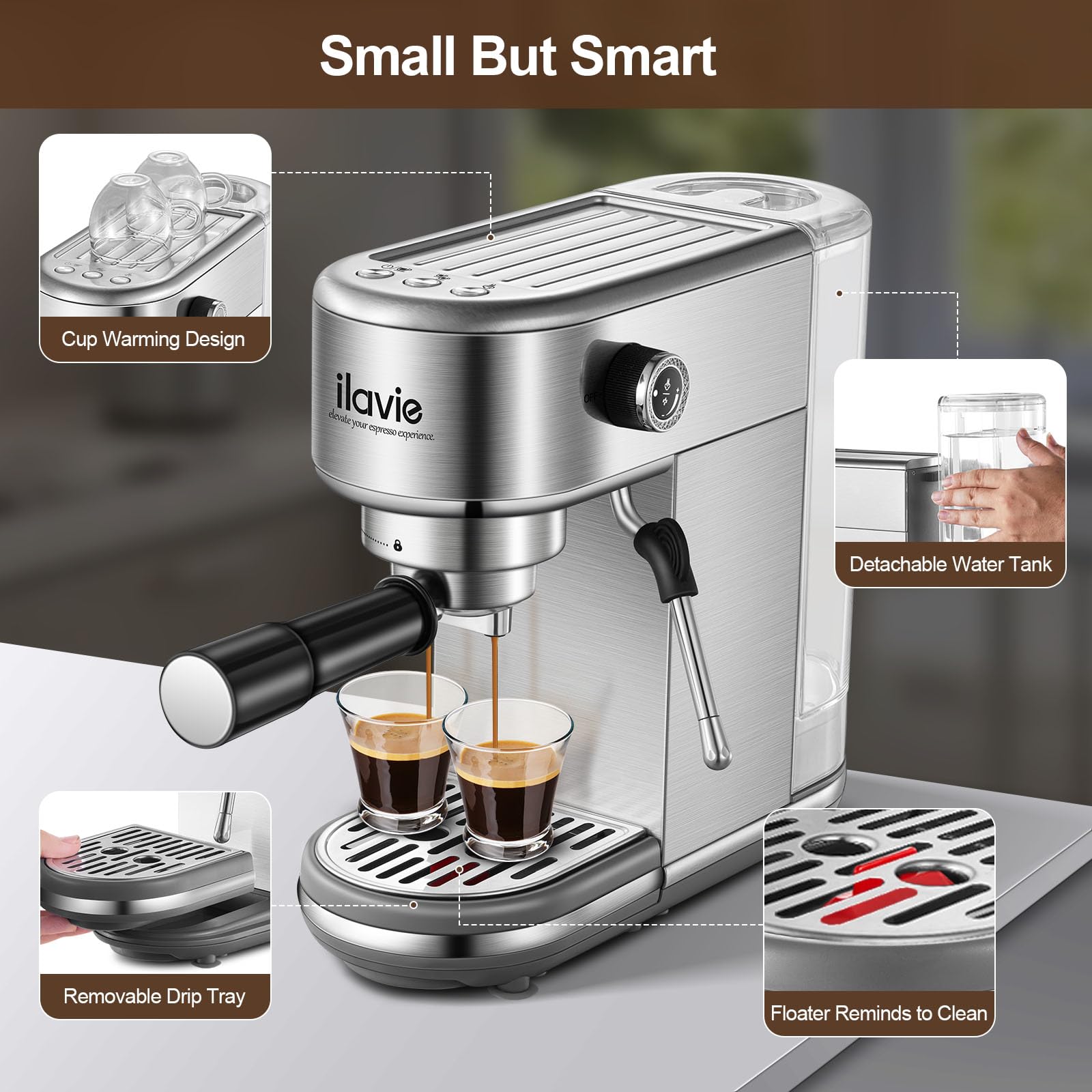 ILAVIE Espresso Coffee Machine for Home 20 Bar, Professional Compact Cappuccino Machine Maker for Latte, with 40oz Detachable Water Tank, 1350W Strong Power, Stainless Steel