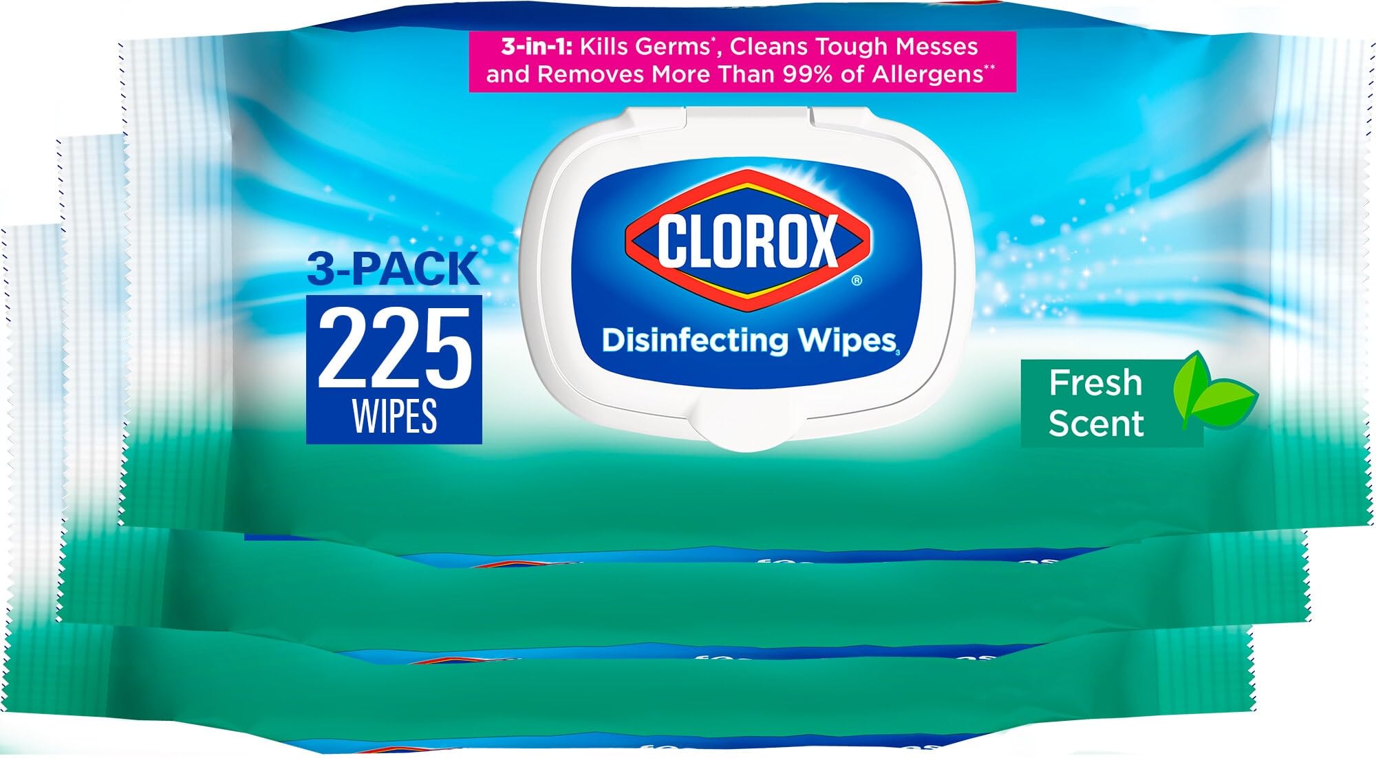 Clorox Disinfecting Wipes, Bleach Free Cleaning Wipes, Household Essentials, Fresh Scent, Moisture Seal Lid, 75 Wipes, Pack of 3 (New Packaging)