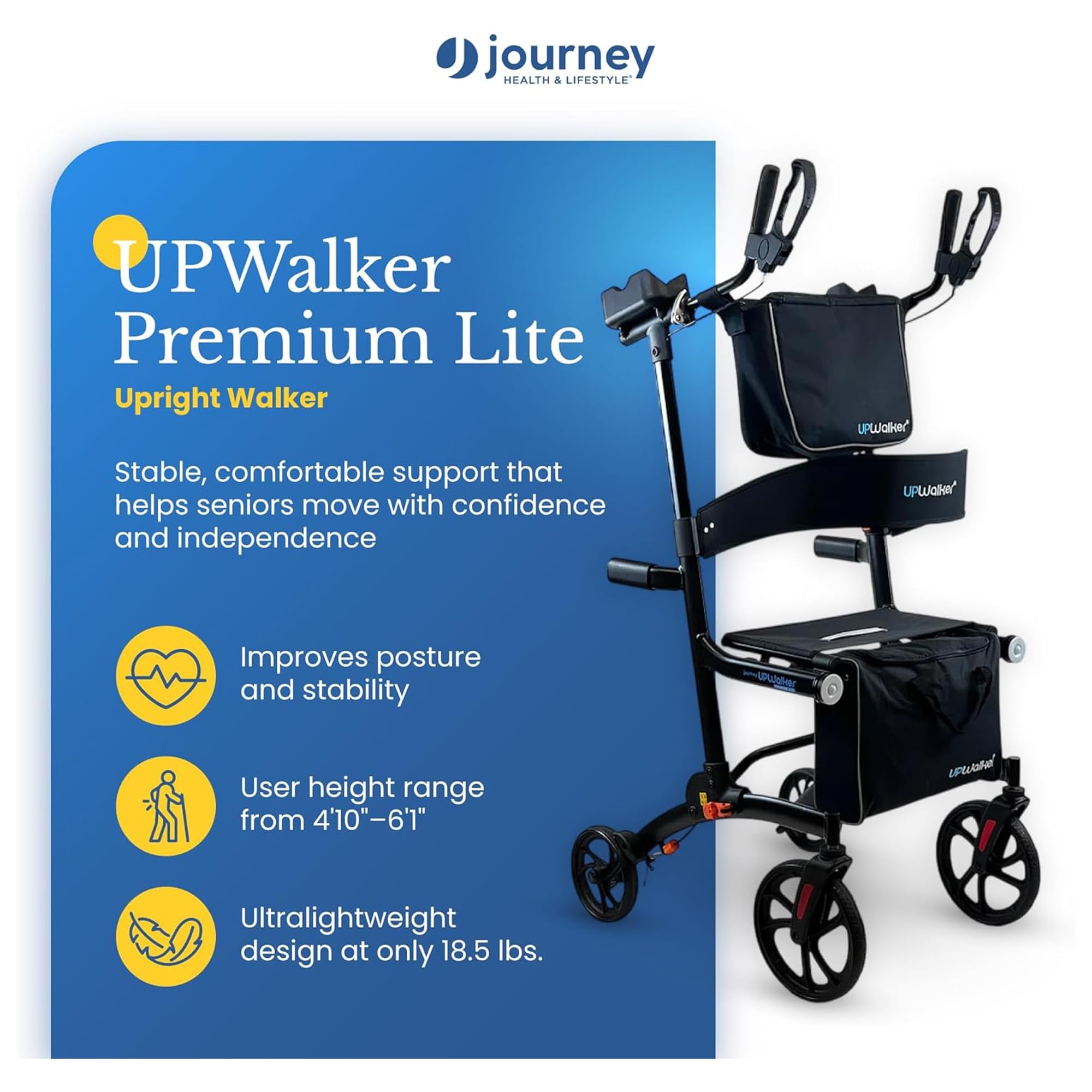 LifeWalker UPWalker EZ Lite Upright Walker for Adults & Seniors – Lightweight Adjustable Upright Rollator with Seat, Hand Brakes & Accessories