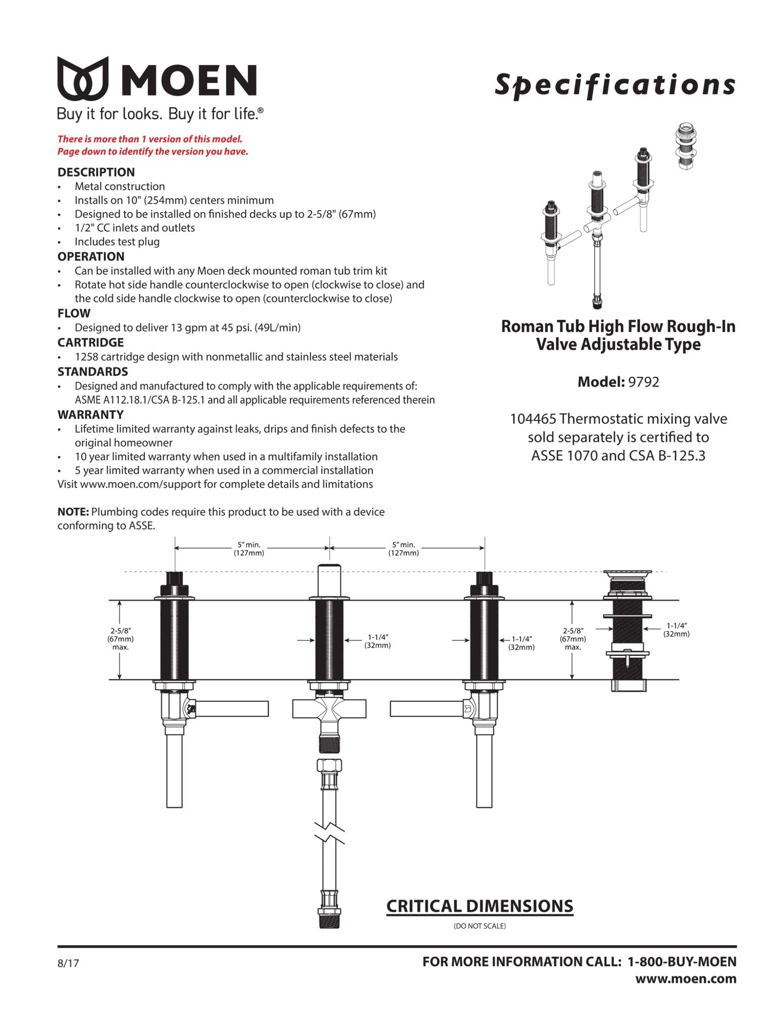 Moen 9792 Two-Handle Roman Tub Adjustable Valve with Shower Diverter, 1/2-Inch CC Connection