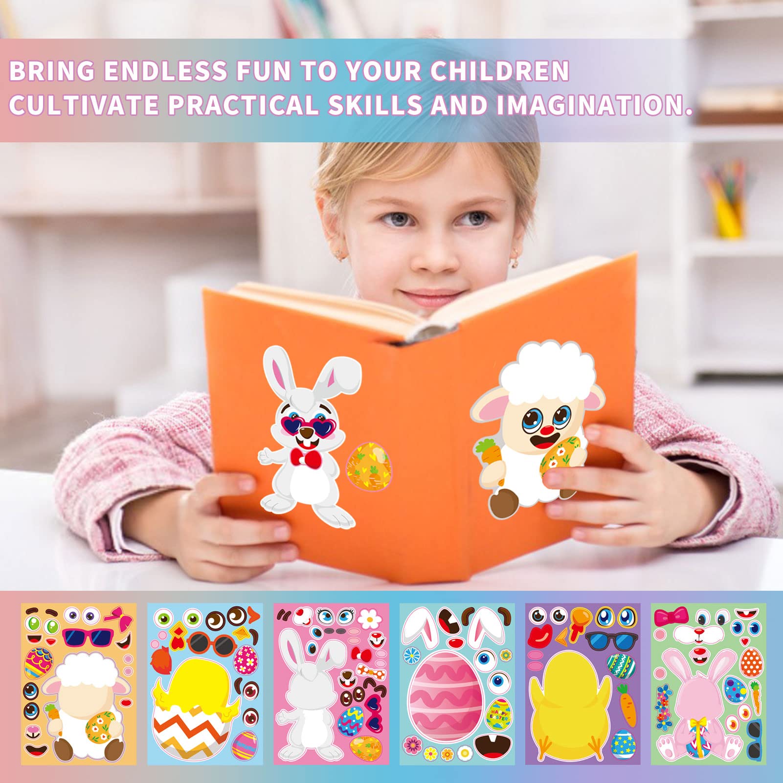 GonLei 24pcs Easter Stickers for Kid, Make-a-face Easter Stickers for Child Easter Egg Farm Animal Rabbit Chicks Sheeps DIY Sticker for Crafts Family Schools Classroom Activities Party Favor Supplies