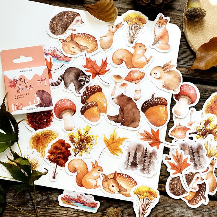 Autumn Forest Stickers, Obujopal 46pcs Fall Leaf Stickers for Scrapbooking Journaling Laptop Junk Journal DIY Decoration Planners Diary Notebooks Album Phone Cases Aesthetic Art Crafts