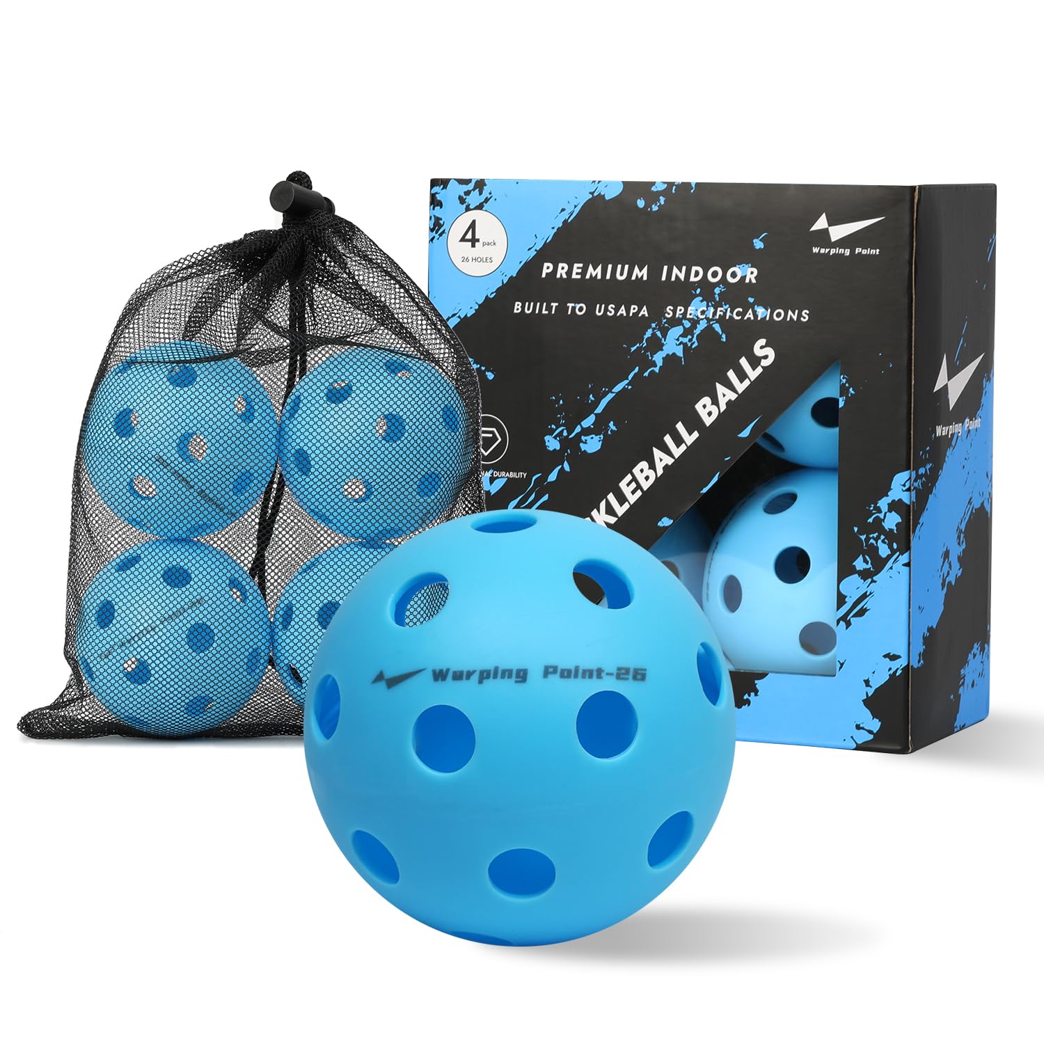 Warping Point Indoor Pickleball Balls, 4 Pack 26 Holes Blue PickleBalls with Mesh Bag, Meet USAPA Specifications, High Bounce Durable Practice Pickle Ball for Beginners Intermediate Player