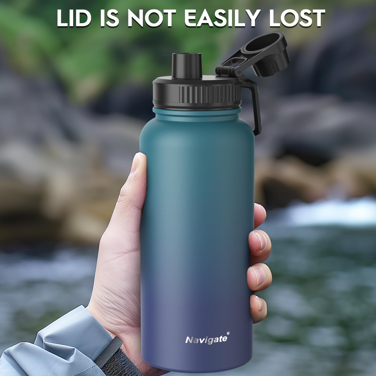 Navigate Insulated Water Bottle, 32 oz Stainless Steel Sports Water Flask with Spout & Handle Lids,Wide Mouth Water Jug with Double Walled Leak Proof Keep Cold for 24 Hrs Hot for 12 Hrs, Blue Gradient