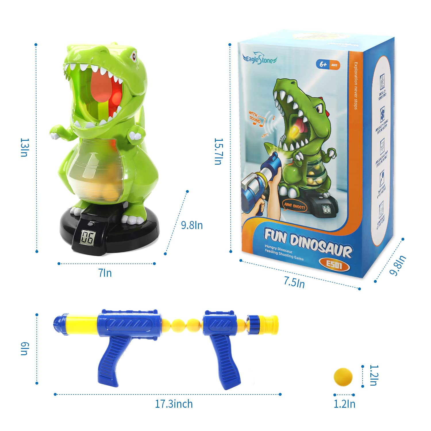 EagleStone Dinosaur Shooting Toys for Boys 5 6 7 8 9 Years Old, Electronic Kids Target Games w/ Air Pump Gun, LCD Score Record, Sound, 24 Foam Balls, Birthday Party Favor,Christmas Gifts for Toddlers