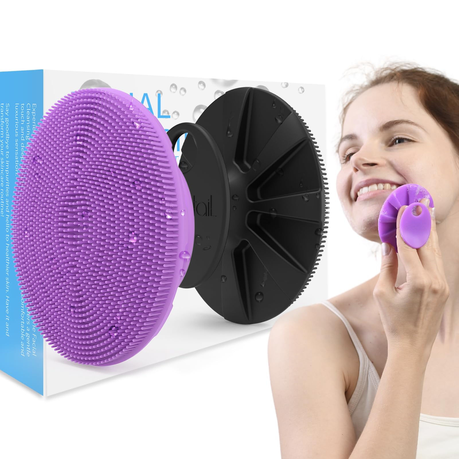 BEAUTAIL Silicone Face Scrubber 2 Pack, Manual Facial Cleansing Brush, Gentle Face Exfoliator for Sensitive Skin, Skin Care Exfoliating Face Brush for Men and Women, Black+Purple