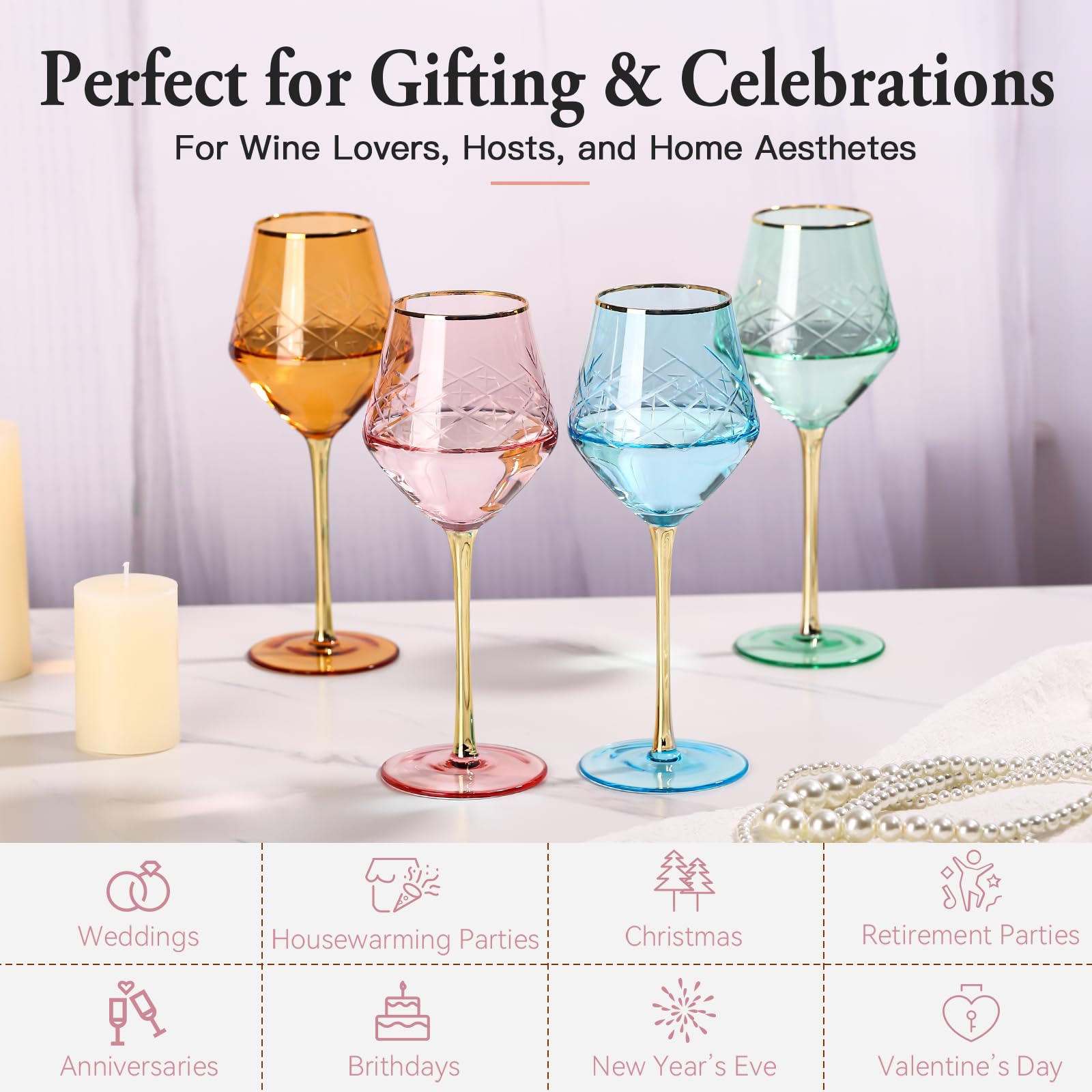 SIPBYSOP Colored Wine Glasses Set of 6 – Gold Rim & Stem, Hand-Blown Etched Glassware, 18oz Crystal Wine Goblets, Multicolor Wine Glasses for Red White Wine Glass