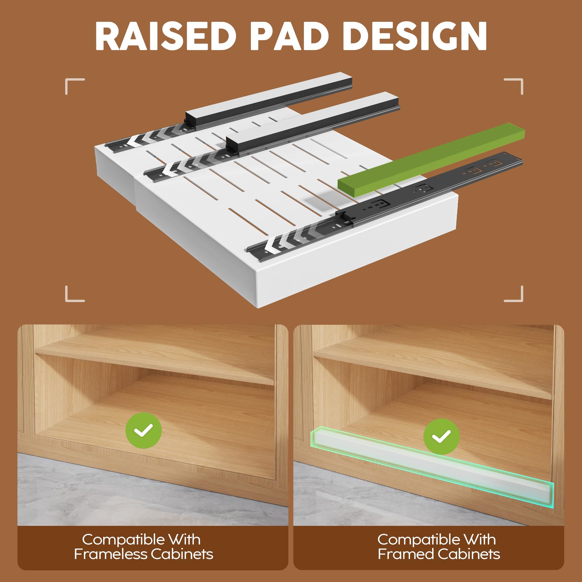 Seinloes 6Pack Expandable Pull Out Cabinet Organizer 21"Deep With Raising Pad for Framed Cabinets,Slide Out Drawers with 4pcs Divider Racks,Roll Out Shelves Adhesive,Adjustable Width 12.05"-20.4"White