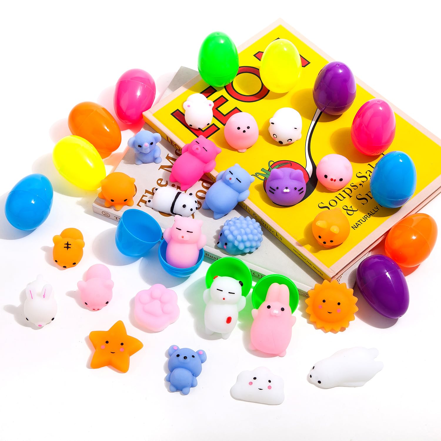 24 Pack Fillers Easter Eggs with Mochi Squishy Toys Surprise Mini Kawaii Animal Squishies Stress Relief Toys for Easter Basket Stuffers Hunt Theme Party Favors Classroom Prize Supplies