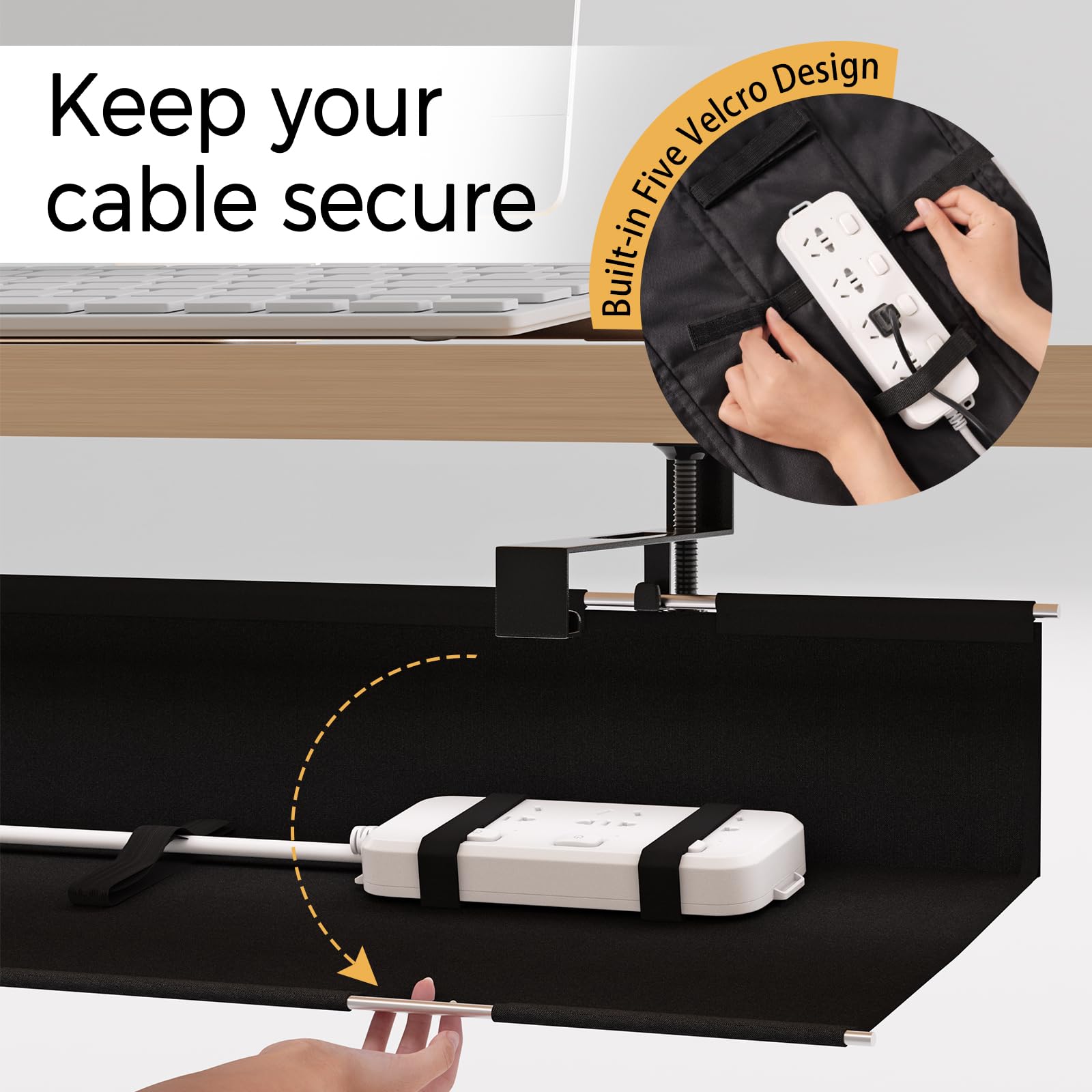 Under Desk Cable Management Tray - 27.2'' Desk Cord Organizer Clamp-on Computer Wire Organizer Cable Tray No Drill, with 16X Cable Ties Hide PC Cable Management for Office/Home,Fabric Desk Cord Holder