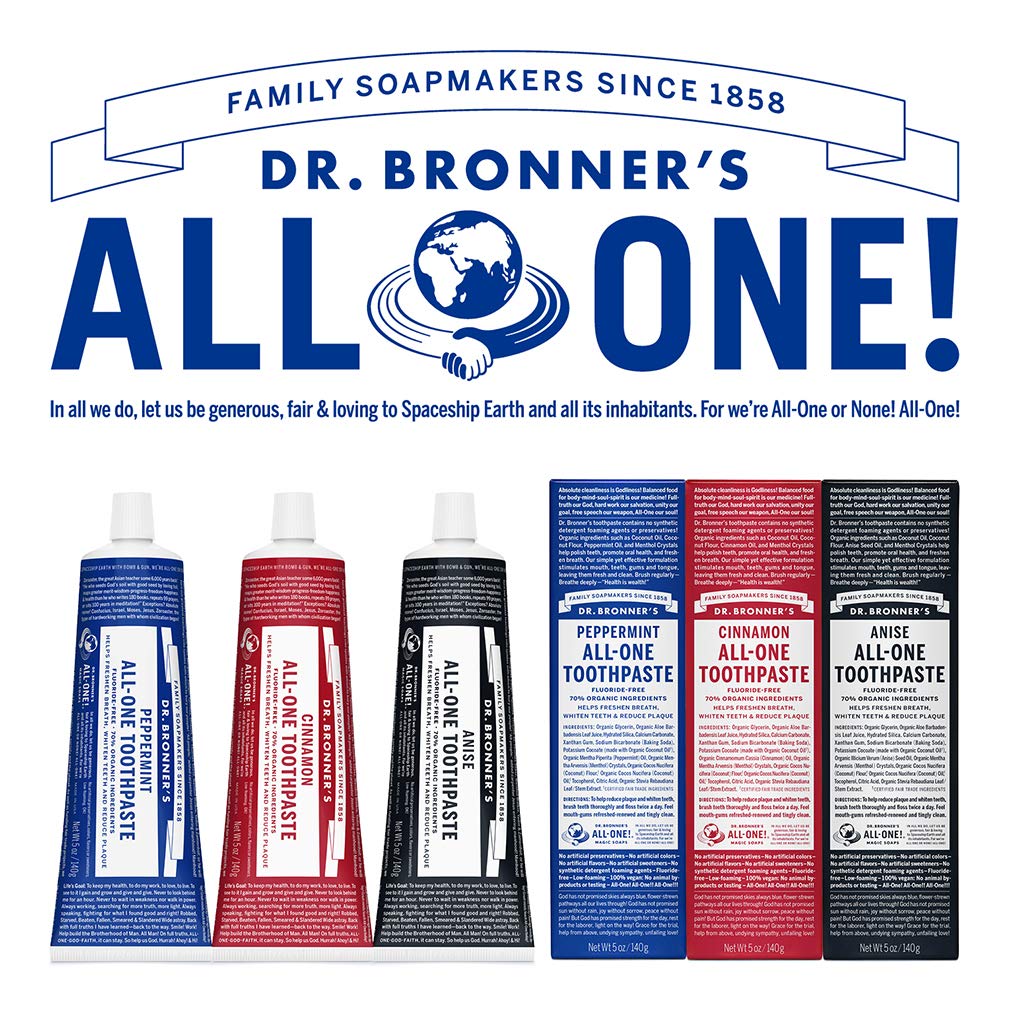 Dr. Bronner’s - All-One Toothpaste (Cinnamon, 5 Ounce, 3-Pack) - 70% Organic Ingredients, Natural and Effective, Fluoride-Free, SLS-Free, Helps Freshen Breath, Reduce Plaque, Whiten Teeth, Vegan