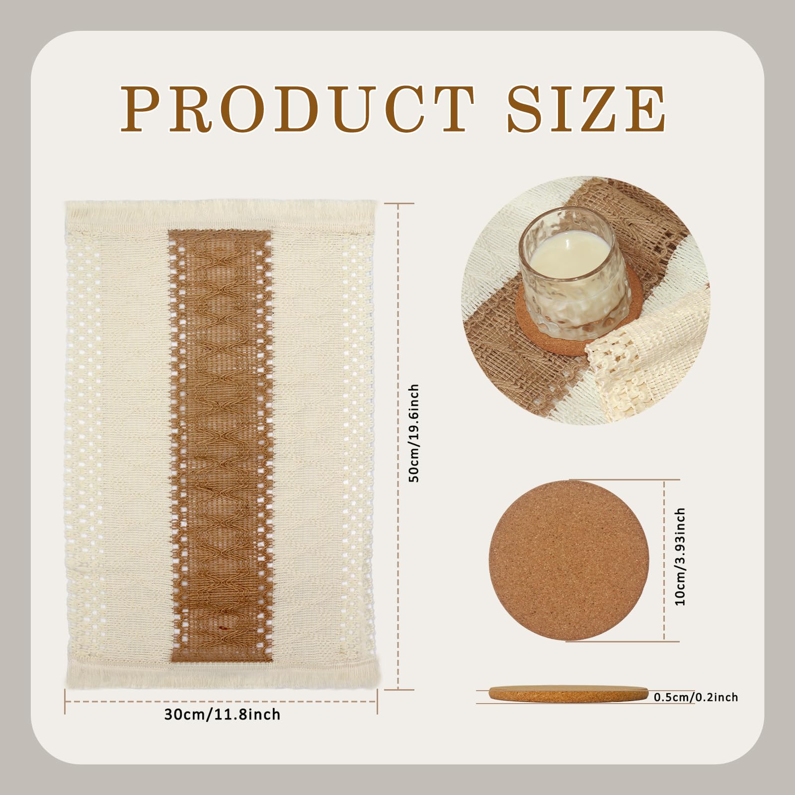 Maxsolve Boho Placemats and Cork Coasters Pack of 4,Natural Cotton Burlap Place Mats and Cork Coasters, Macrame Table Decor Dining Table Home Kitchen Décor for Party,Birthday,Anniversary and More