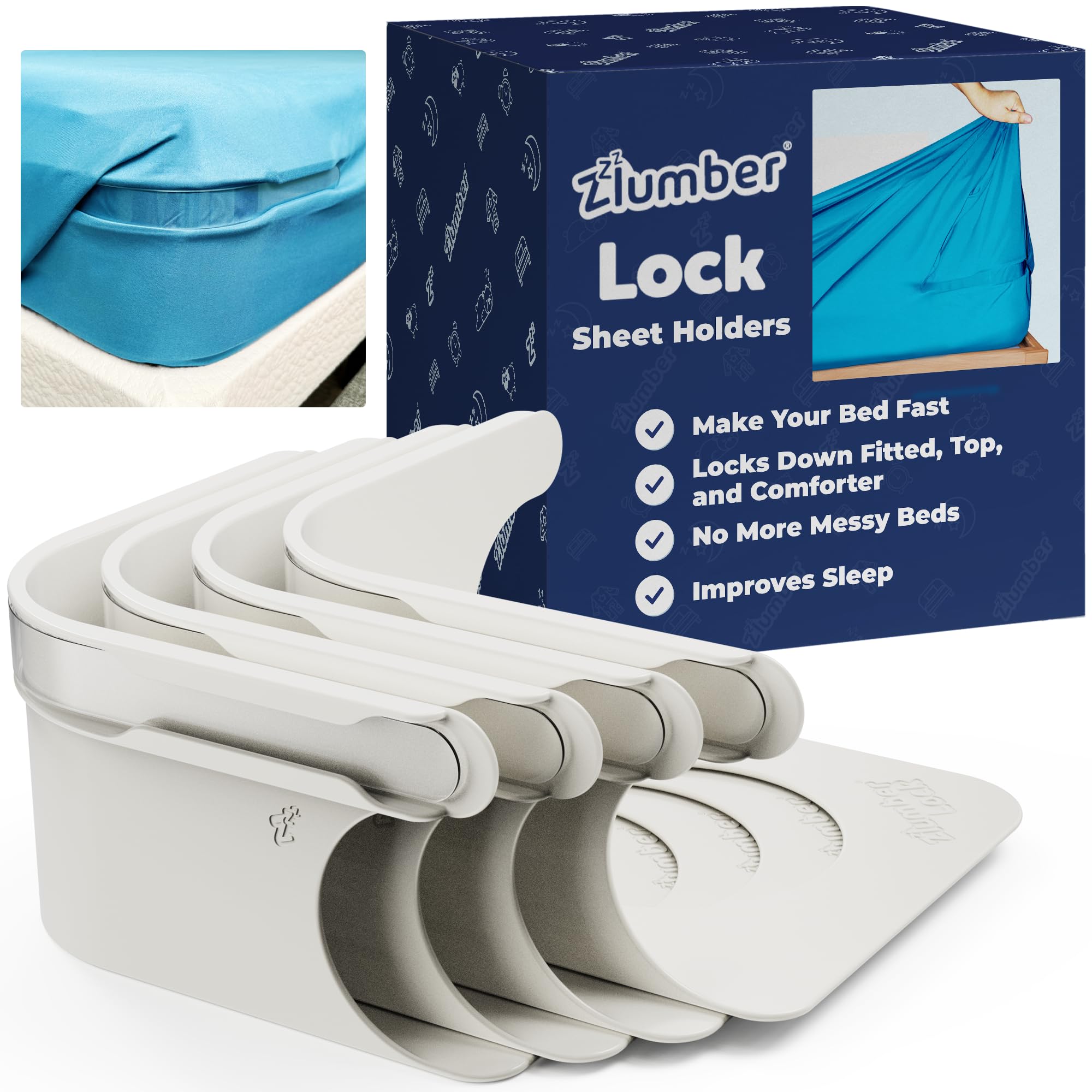 ZlumberLock Sheet Holders Keep Sheets Firm & Tight - Ultimate Bed Sheet Holder Straps with Bedsheet Clips/Straps No More Loose Sheets, Fits, Easy One-Time Installation (Zlumber Lock)
