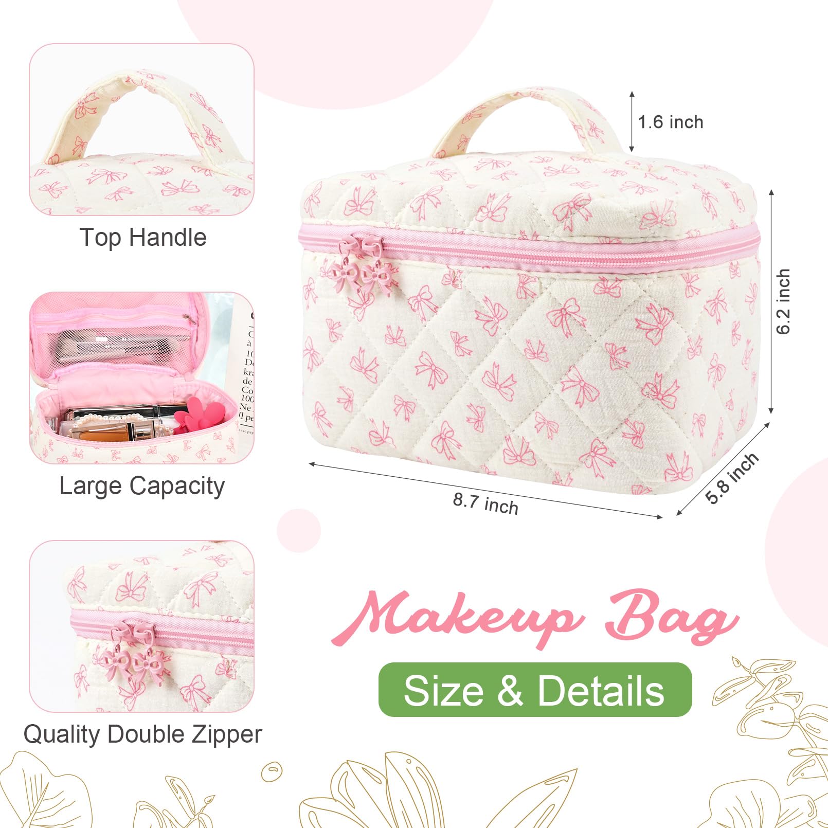 SOIDRAM Large Makeup Bag Quilted Makeup Bags Cute Cosmetic Bag for Women Girls Floral Coquette Aesthetic Toiletry Bag Travel Make Up Organizer Pink Bow Skincare Bag