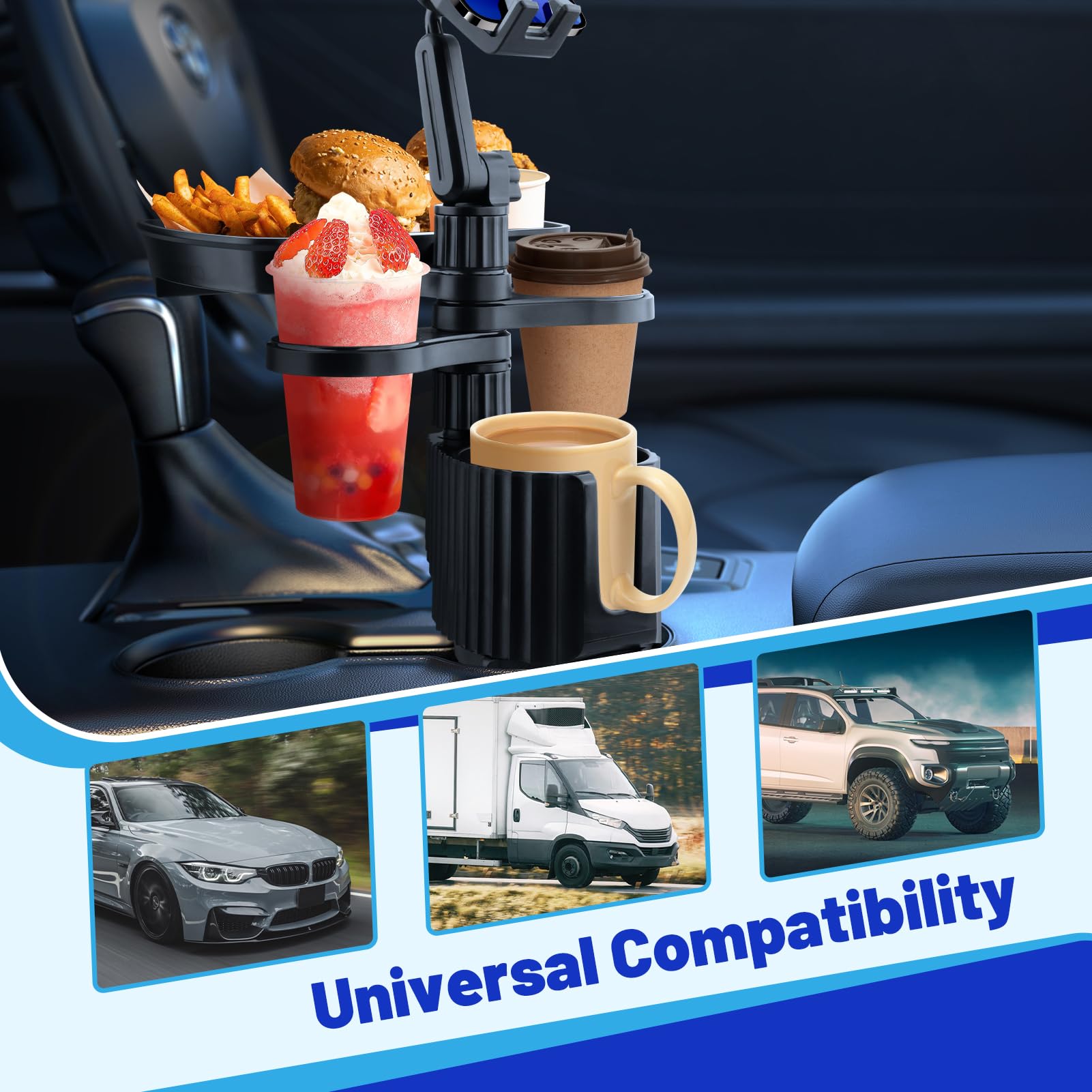 Bvdfgk Car Cup Holder Tray - Adjustable Car Cup Holder Phone Mount with Food Tray 5 in 1 Swivel Expander for All Purpose, Automotive Extender Accessories Gifts for Auto Trucker Road Trip