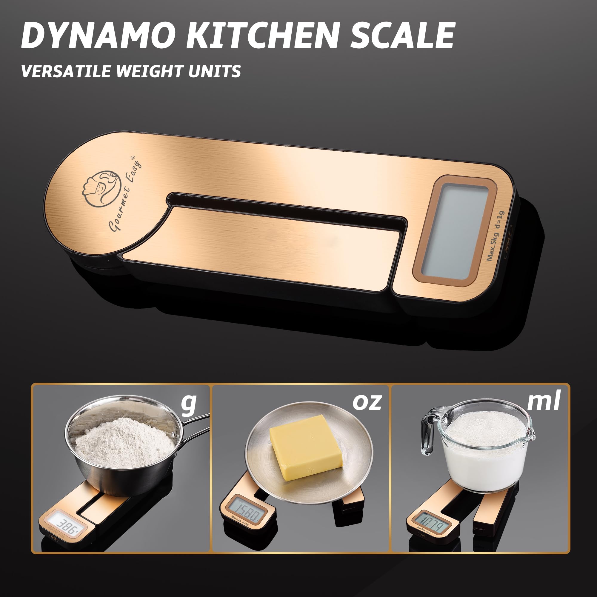 Battery-Free Technology Kitchen Scale, Gourmet Easy Dynamo Food Scale for Kitchen, Food Weight Scale up to 11 Pounds with 3 Unit Modes, Grams & Ounces for Cooking, Baking & Meal Prep, Rectangular