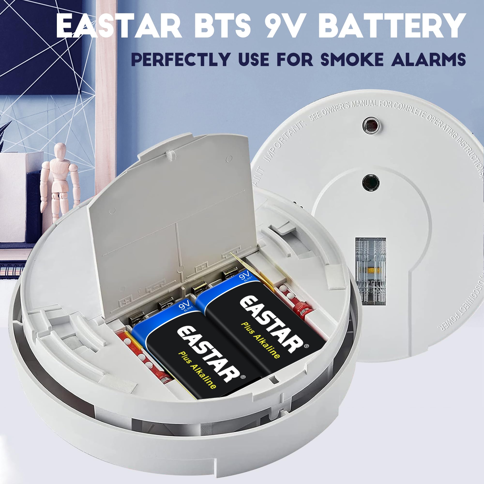 EASTAR BTS 9V Batteries - Alkaline 9 Volt Batteries (2 Pack) for Smoke Detectors, Long-Lasting Power for Daily Devices, 10 Year Shelf Life, All-Purpose Square Batteries 6LR61 for Household & Office