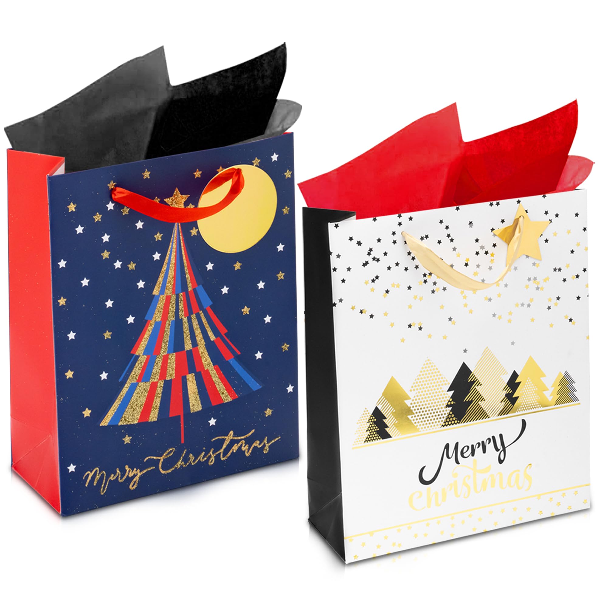 Christmas Gift Bags (Medium, 13"x10"x4") - 2 Pack Sturdy Paper Gift Bags with Tissue Paper, Tag and Handle - Holiday Trees Design - Ideal Party Favors and Gifting this Christmas Holiday Season