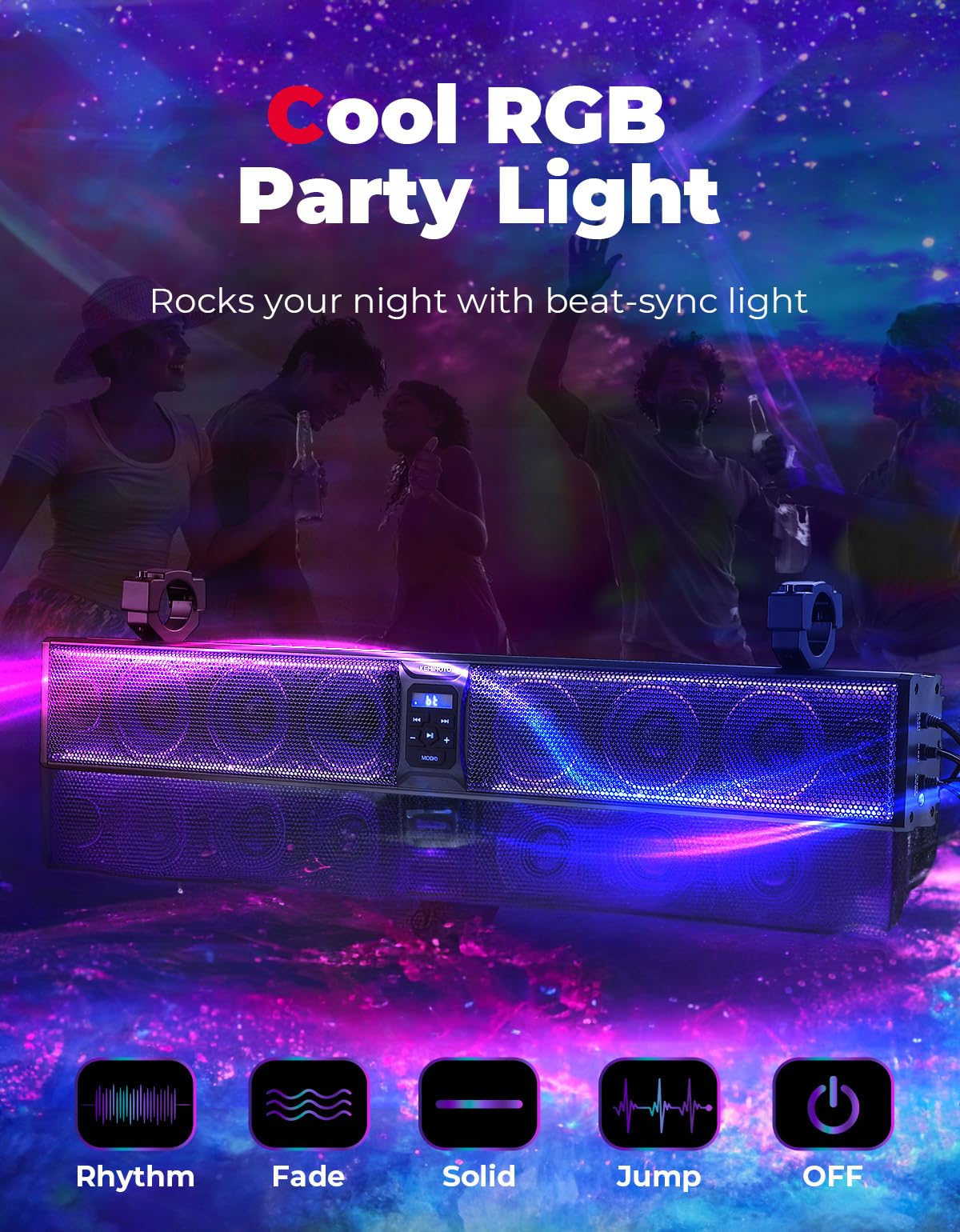 KEMIMOTO 33 inch 8 Speaker Louder UTV Sound Bar Waterproof Bluetooth, Heavy-Duty Aluminum, Music Sync Multicolor Light SXS Speakers, Soundbar for UTV Golf Cart Marine Boat with 1.75''-2.25'' Roll Bar