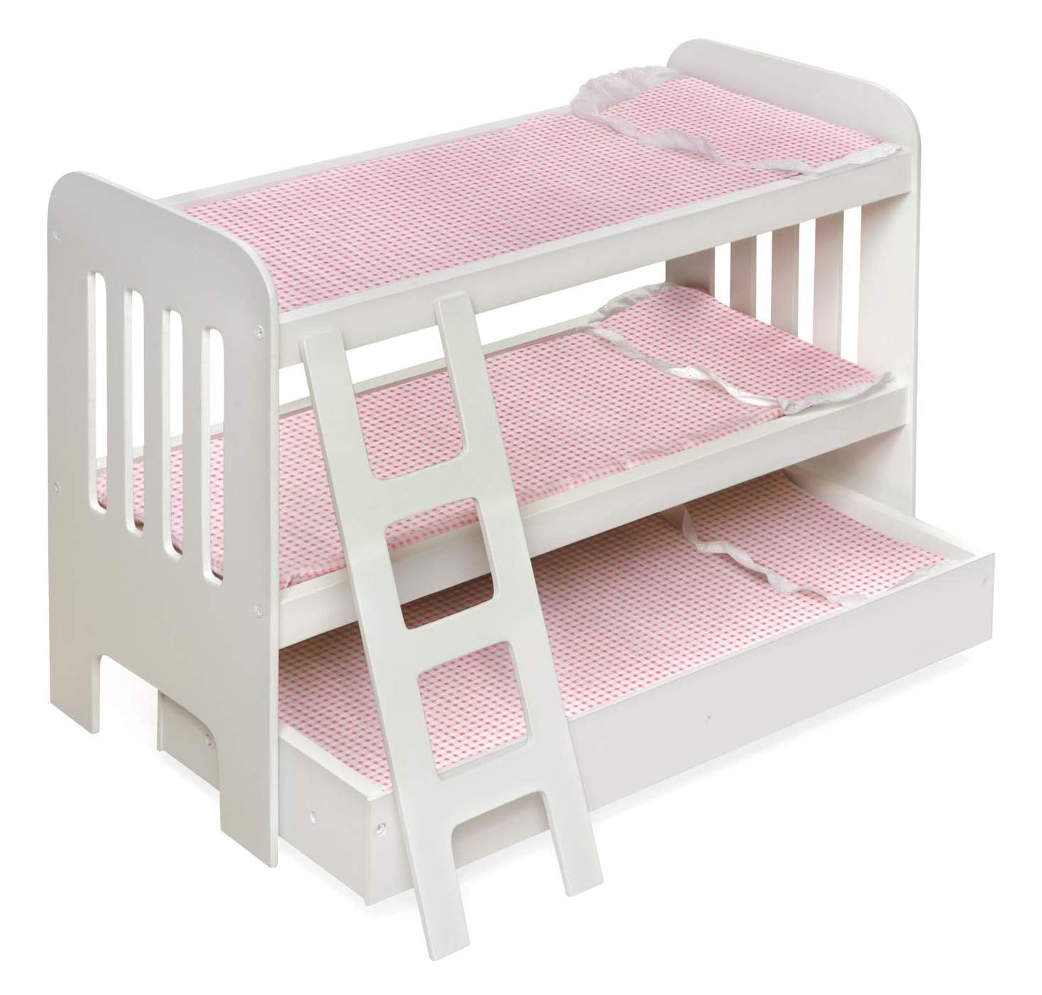 Badger Basket Wooden Trundle Doll Bunk Bed with Ladder, Bedding, and Personalization Kit - Fits 18-22 Inch Dolls, White/Pink for Pretend Play