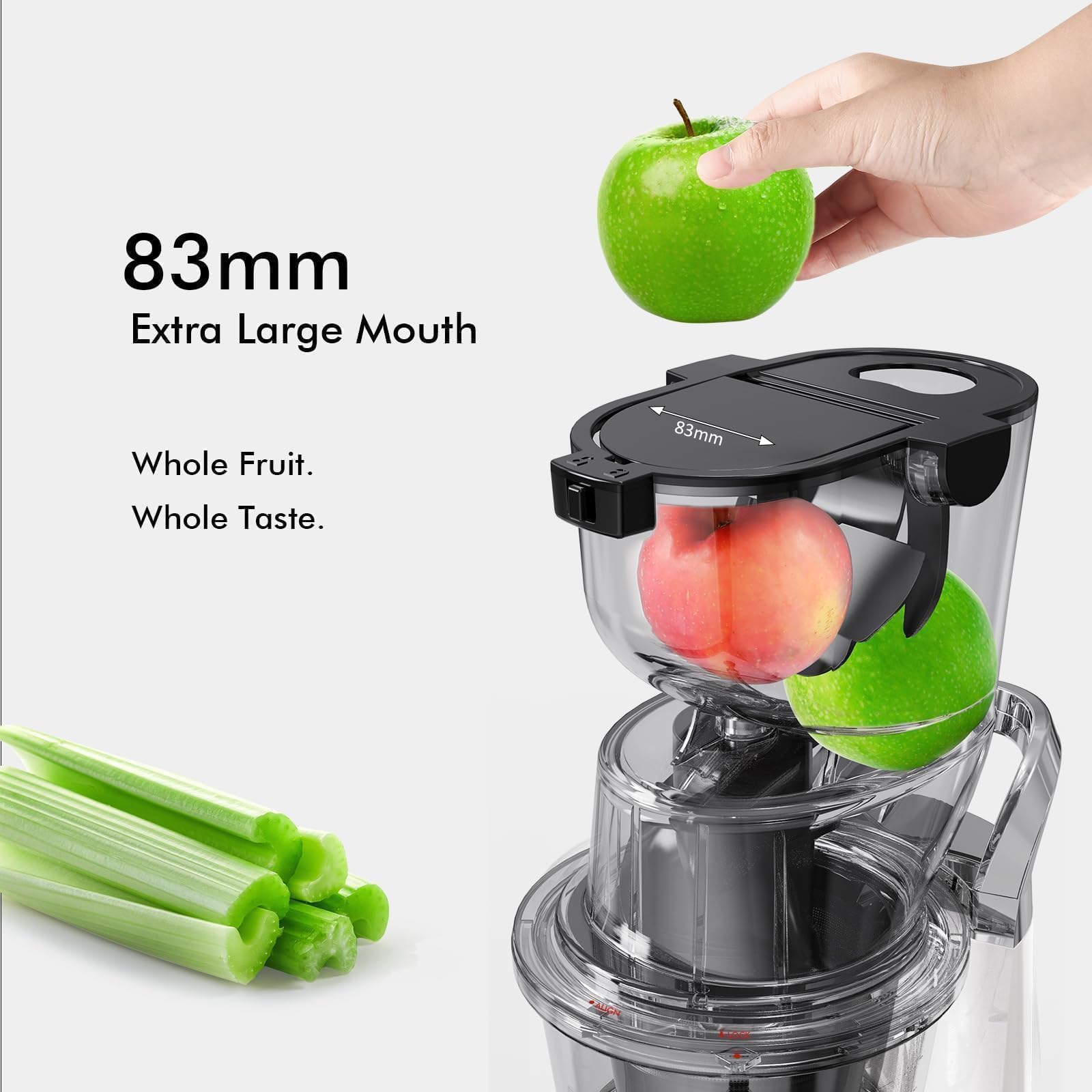 Easy-Use Cold Press Juicer, SiFENE 83mm Wide-Mouth Vertical Slow Masticating Juicer, Whole Fruit & Veg Juice Extractor, Easy to Clean, BPA Free, Quiet Motor with Reverse Function, White