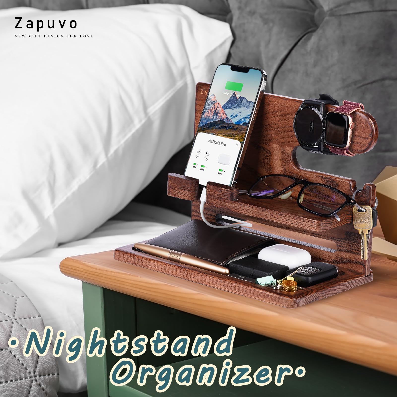 ZAPUVO Gifts for Men, Gifts for Dad Husband Fathers Day from Daughter Son Kids Wife, Wood Phone Docking Station Nightstand Organizer, Birthday Gifts Ideas Boyfriend Anniversary Graduation for Him