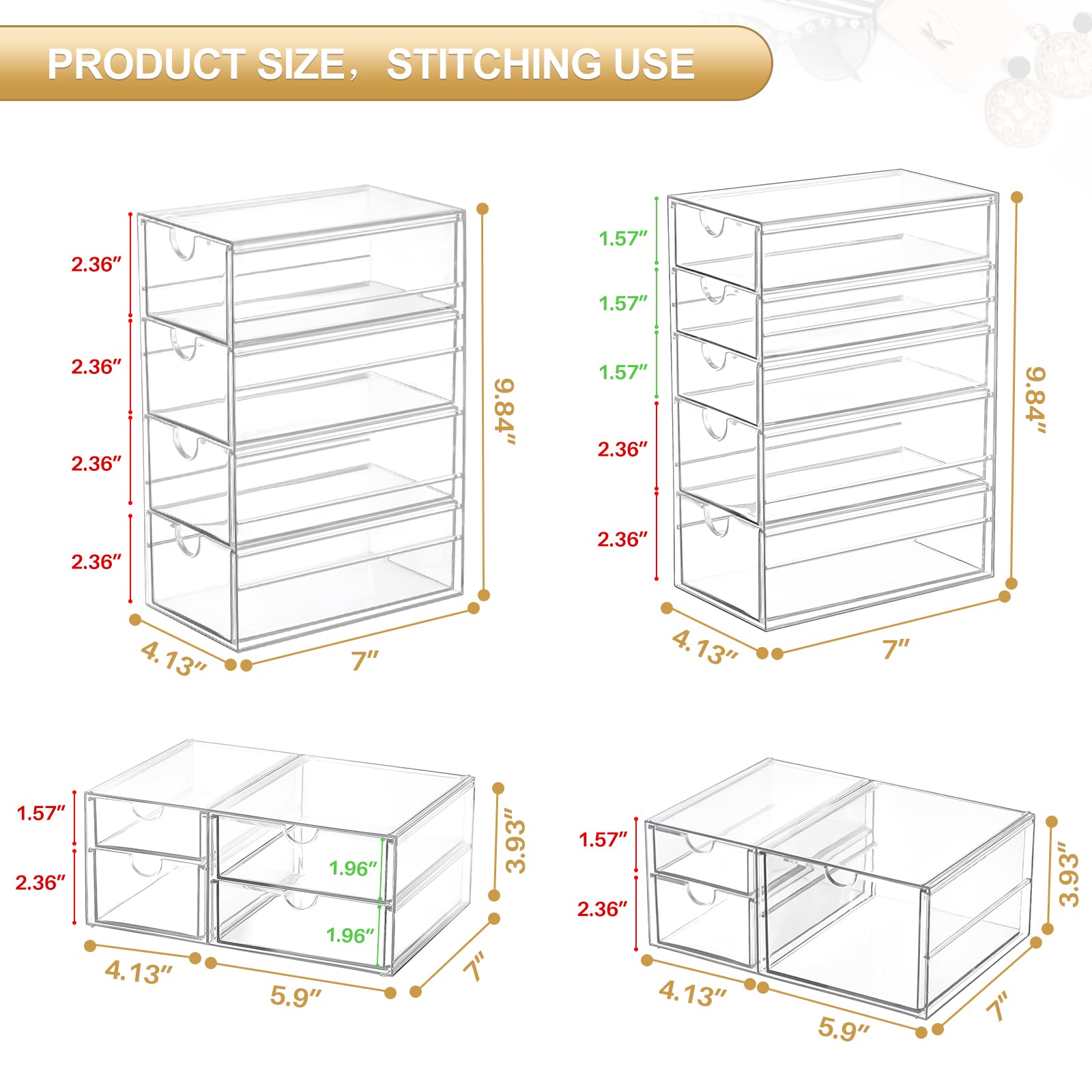 Makeup Organizer With 16 Drawers, 4 Pcs Desktop Office Supplies, Desk Organizers, Clear Desk Accessories, Dustproof Drawer Storage for Make Up, Jewelry, Pen, Stationary