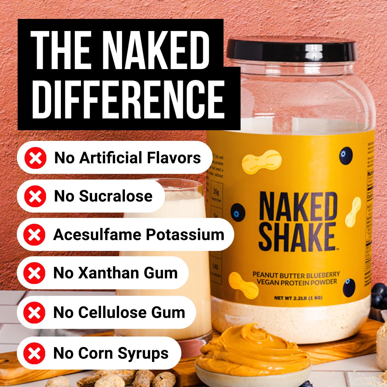 Naked Shake - Peanut Butter Blueberry Protein Powder, Plant Based Protein With Mct Oil, Gluten-Free, Soy-Free, No Gmos Or Artificial Sweeteners - 30 Servings