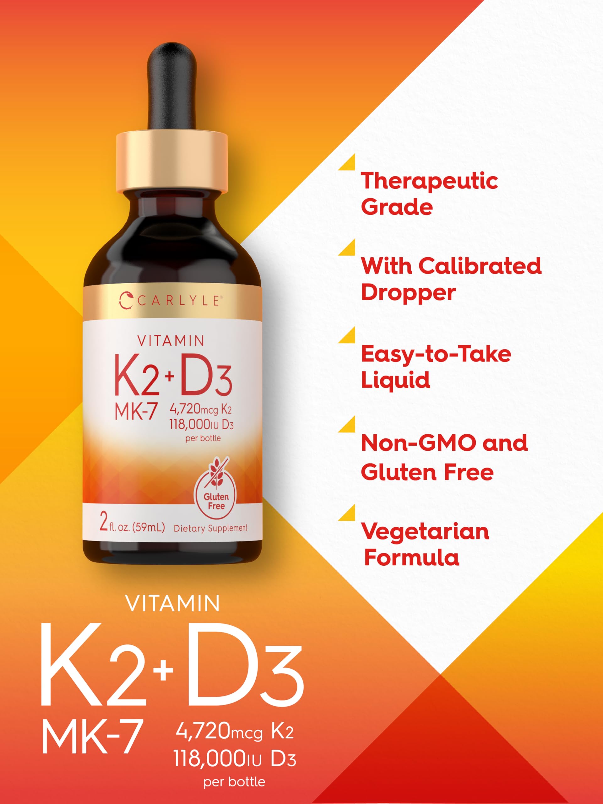 Carlyle Vitamin D3 K2 Drops | 2 Fl Oz | MK-7 Supplement | Vegetarian, Non-GMO, Gluten and Soy Free Formula