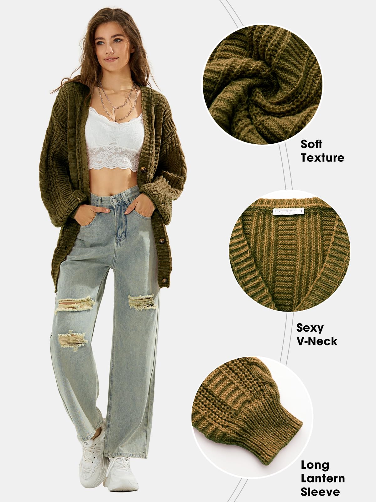 EXLURA Womens 2025 Oversized Cardigan Sweaters Fall Winter Lightweight Soft Knit Cardigan Open Front Button Outwear Coats Army Green