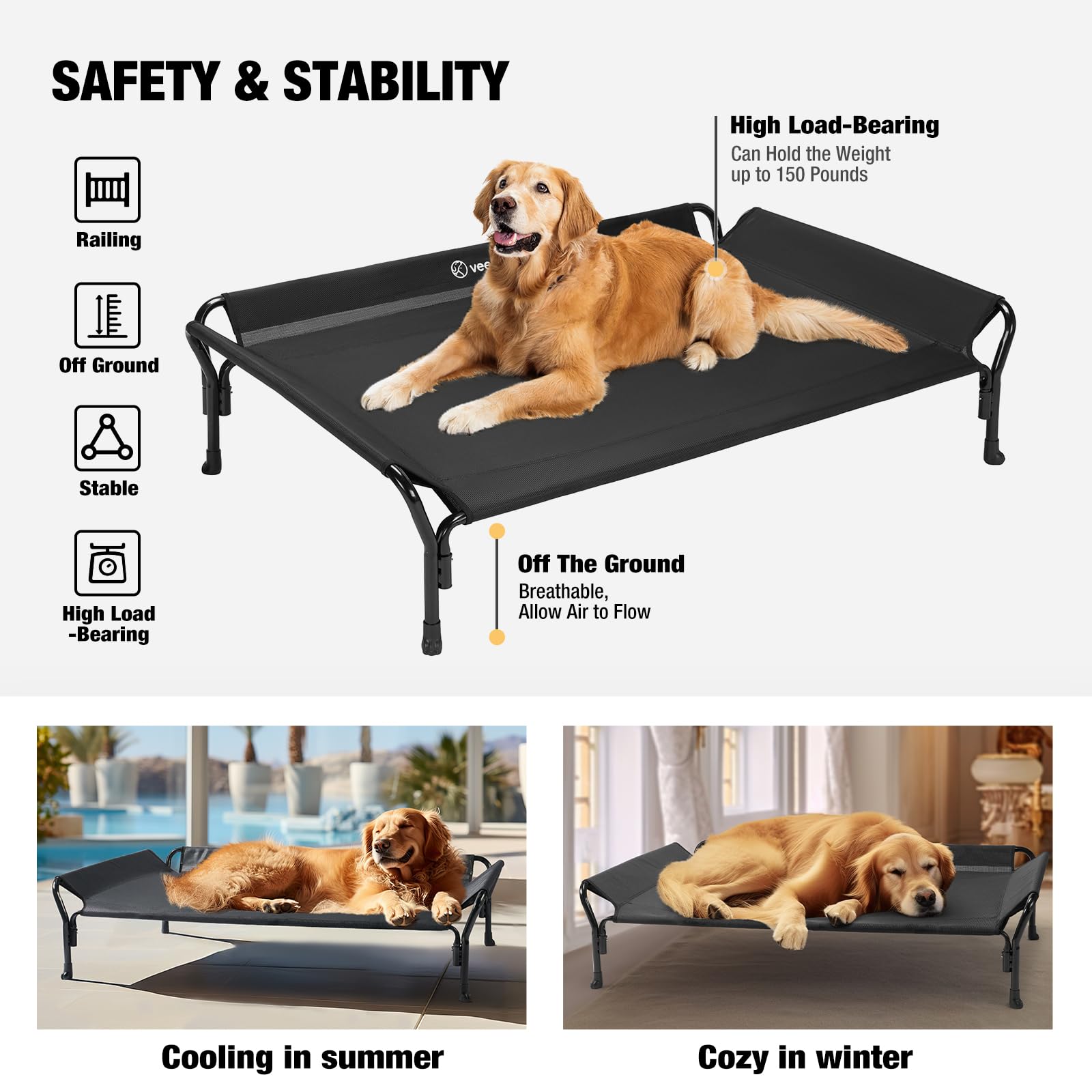 Veehoo Cooling Elevated Dog Bed, Dog Cots Beds for Large Dogs, Raised Dog Bed with Guardrail & Slope Headrest, Durable & Breathable Teslin Mesh, Dog Sofa Bed for Indoor & Outdoor, Large, Black