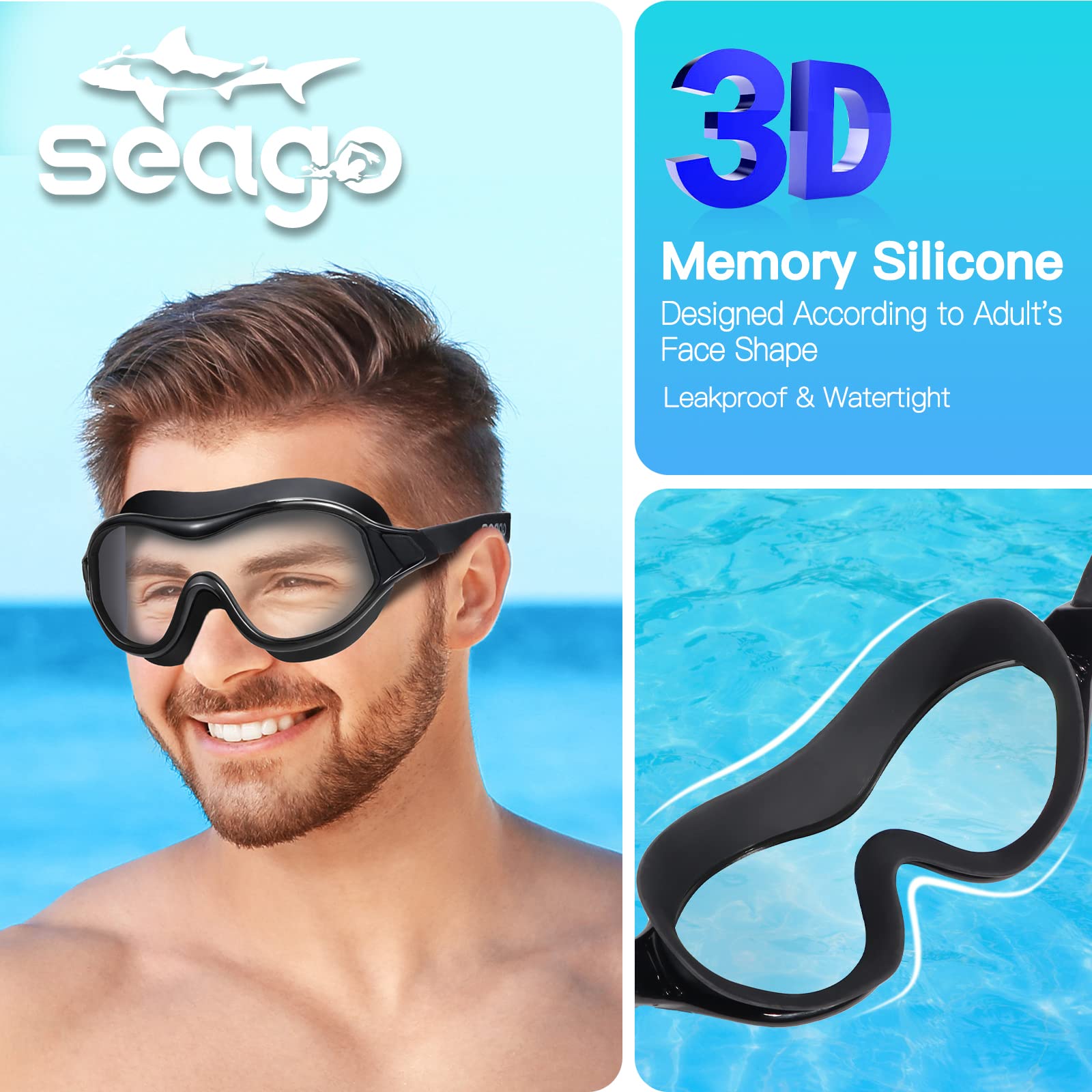 Seago Swim Goggles No Leaking Anti-Fog Swimming Goggles for Adult Men Women Youth Junior with Soft Silicone Gasket, UV Protection Waterproof 180° Clear Vision, Triathlon Pool Goggles Swim Glasses