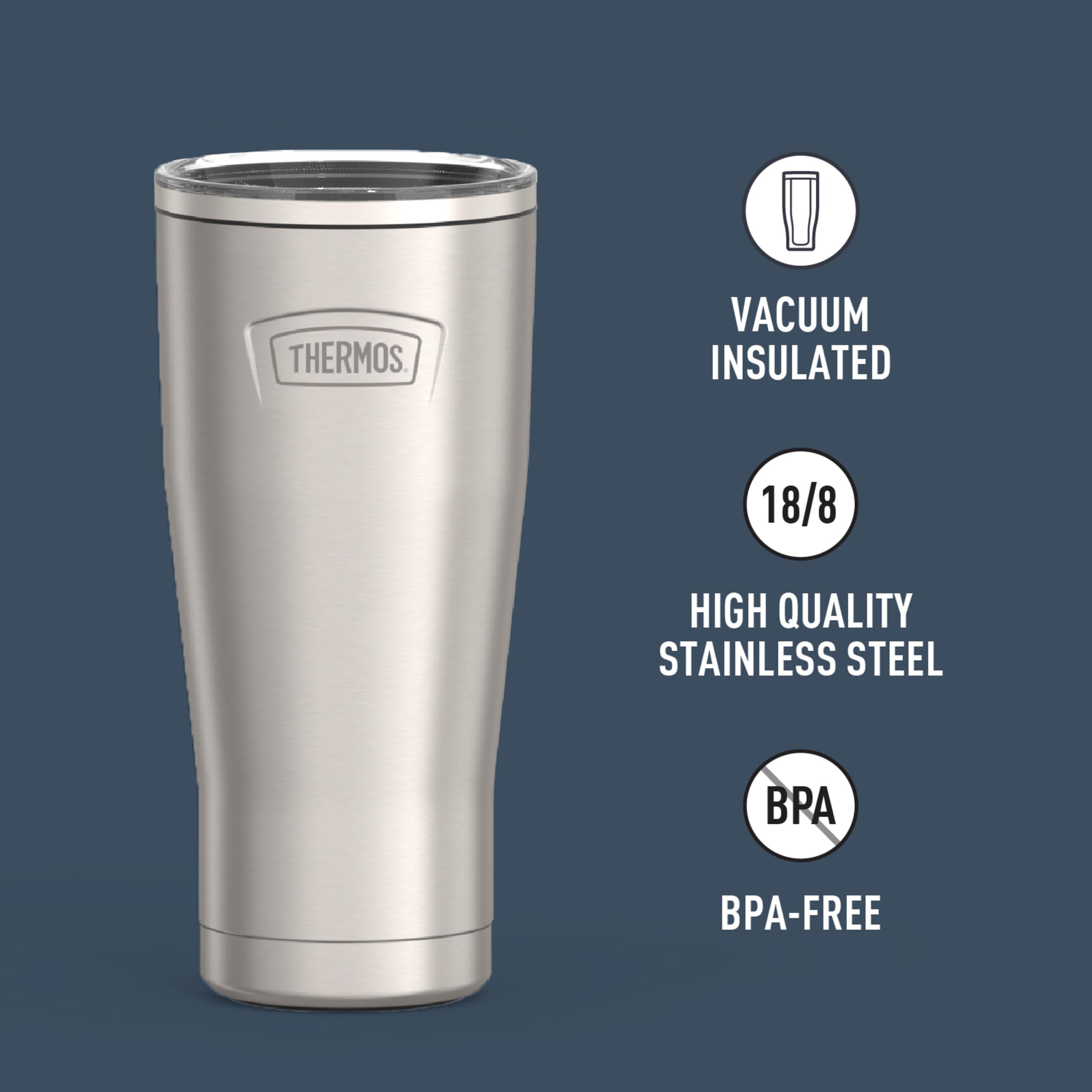 THERMOS ICON SERIES Stainless Steel Cold Tumbler with Slide Lock, 24 Ounce, Matte Stainless Steel