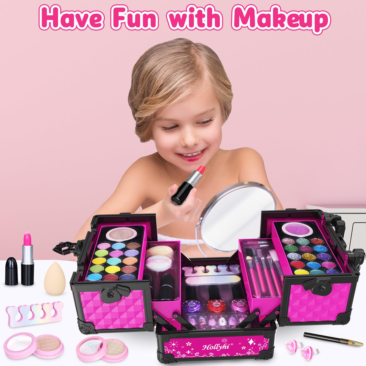 Hollyhi 59 Pcs Kids Makeup Kit for Girl, Washable Play Makeup Toys Set for Dress Up, Pretend Beauty Vanity Set with Cosmetic Case Birthday Toys for Girls 3 4 5 6 7 8 9 10 11 12 Year Old Kids Toddlers