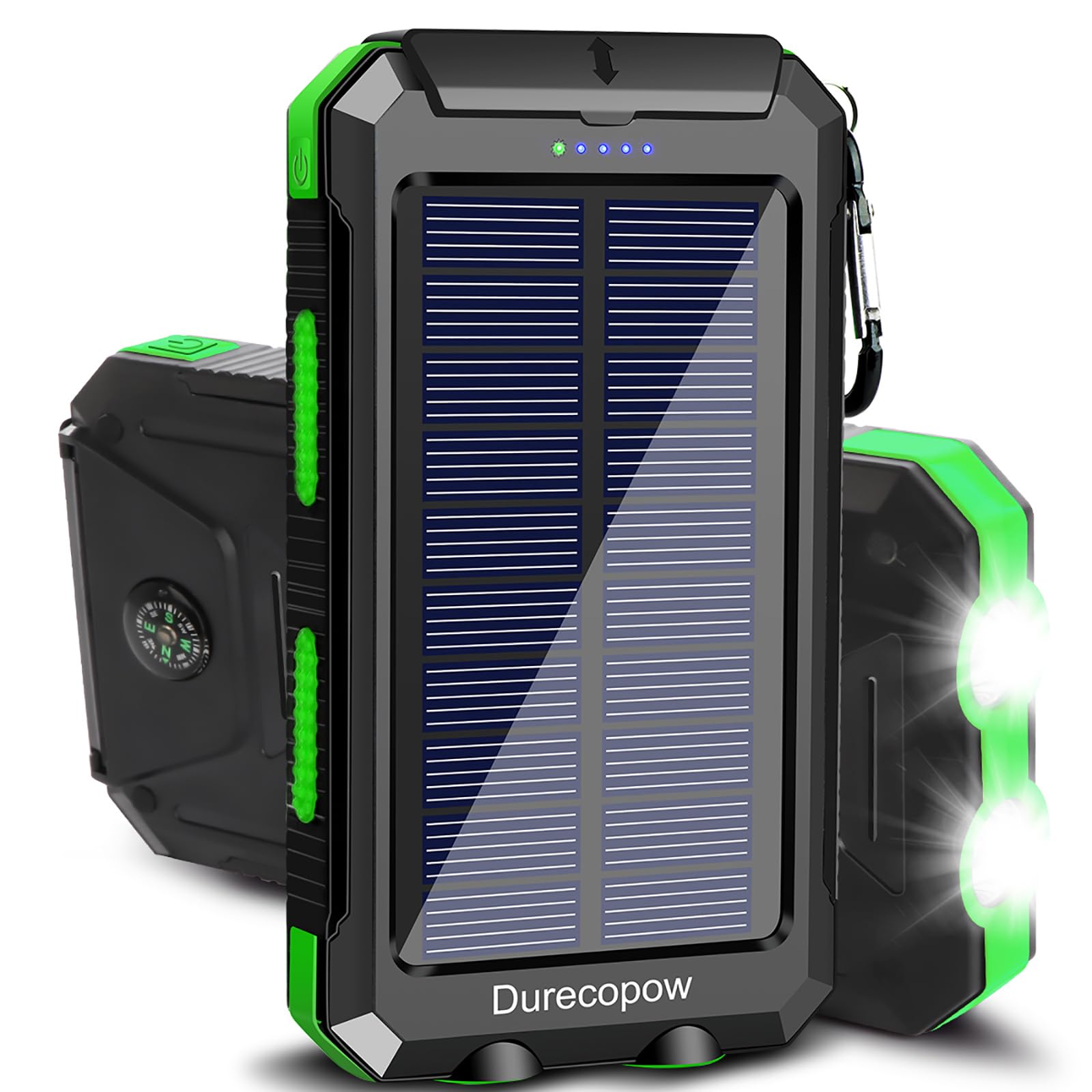 Solar Charger, 20000mAh Portable Outdoor Waterproof Solar Power Bank, Camping External Backup Battery Pack Dual 5V USB Ports Output, 2 Led Light Flashlight with Compass (Green)