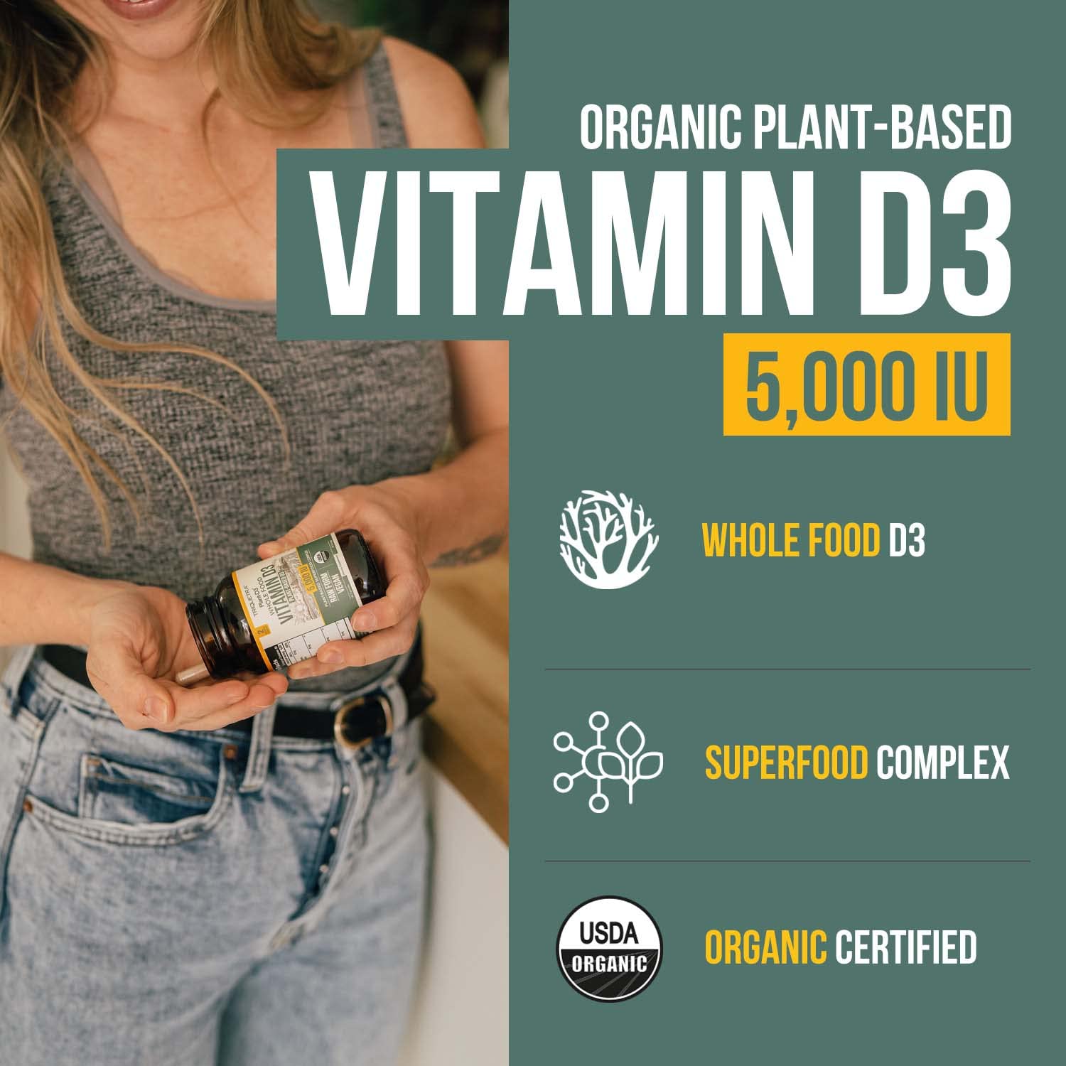 Organic Vitamin D3 5,000 IU - 100% Whole Food & Plant-Based Cholecalciferol Form, 100% Vegan Vitamin D - Enhanced with Prebiotic & Superfood Complex – Organic, Vegan, GMO & Gluten Free (60 Capsules)