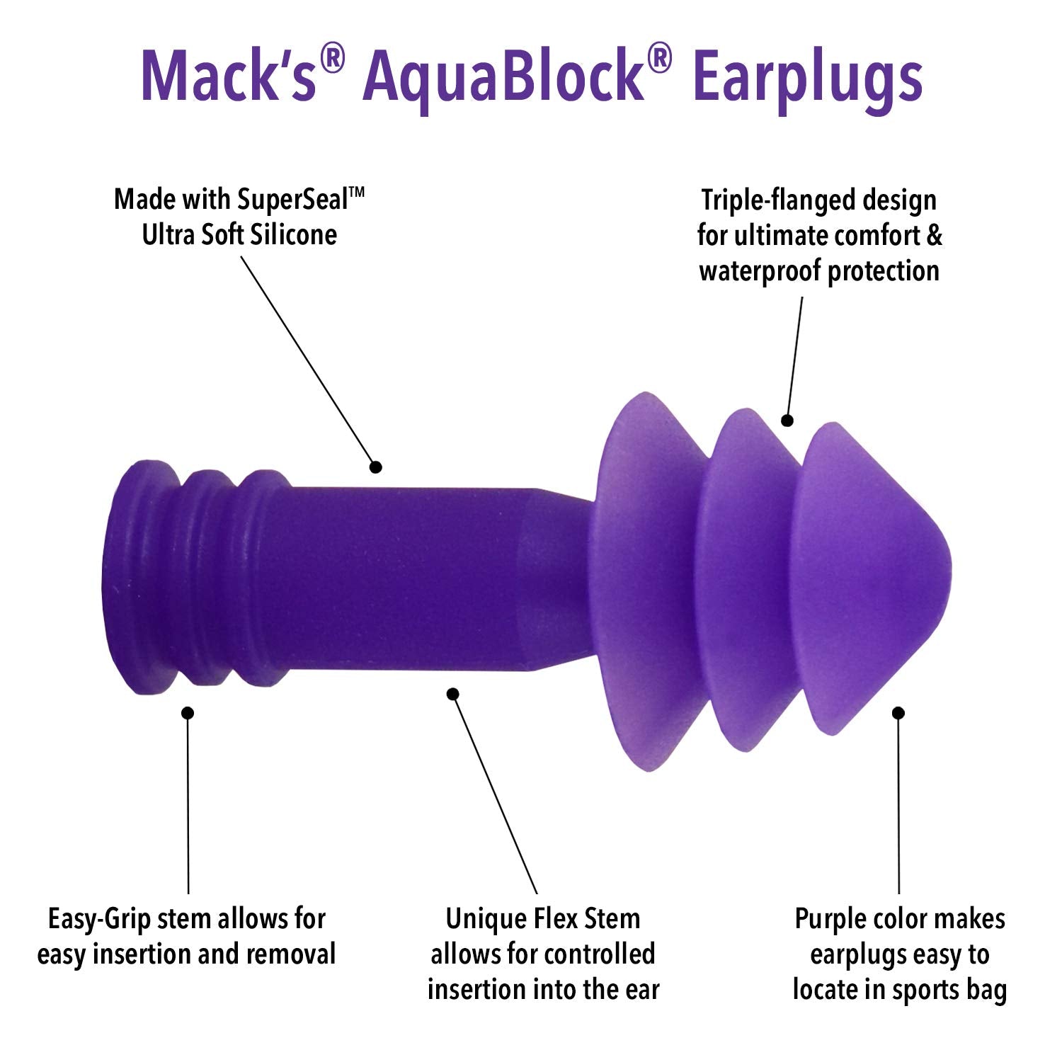 Mack's AquaBlock Swimming Earplugs, 3 Pair - Comfortable, Waterproof, Reusable Silicone Ear Plugs for Swimming, Snorkeling, Showering, Surfing and Bathing (Purple)