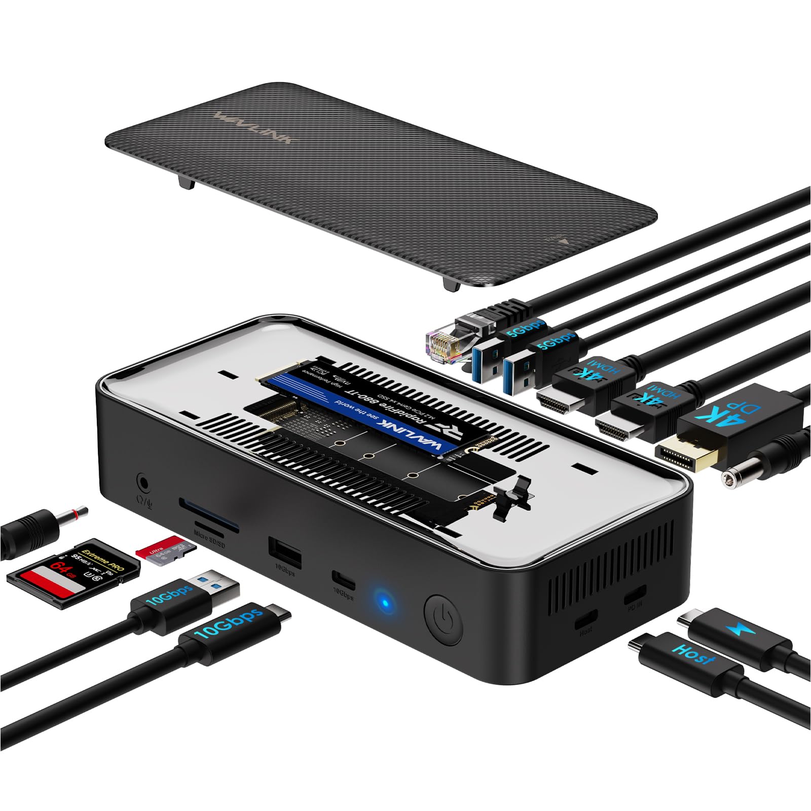 WAVLINK USB C Docking Station 3 Monitors, 13 in 1 USB C Hub with 5Gbps M.2 PCIe/SATA SSD Enclosure, 4K@60Hz HDMI/DP, 100W PD, USB C/USB-A Gen 3.2/3.1, SD/TF, Gigabit RJ45 for Windows, Mac OS