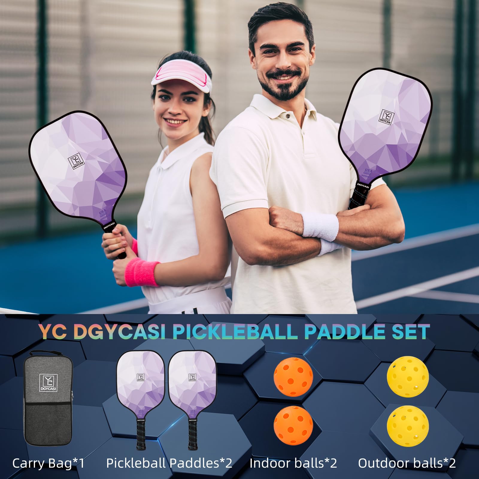 Pickleball Paddles Set of 2, USAPA Approved, Fiberglass Surface, Polypropylene Honeycomb Core, Anti-Slip Sweat-Absorbing Grip, 2 Outdoor Pickleball, 2 Indoor Pickleball, Portable Carry Bag (Purple)