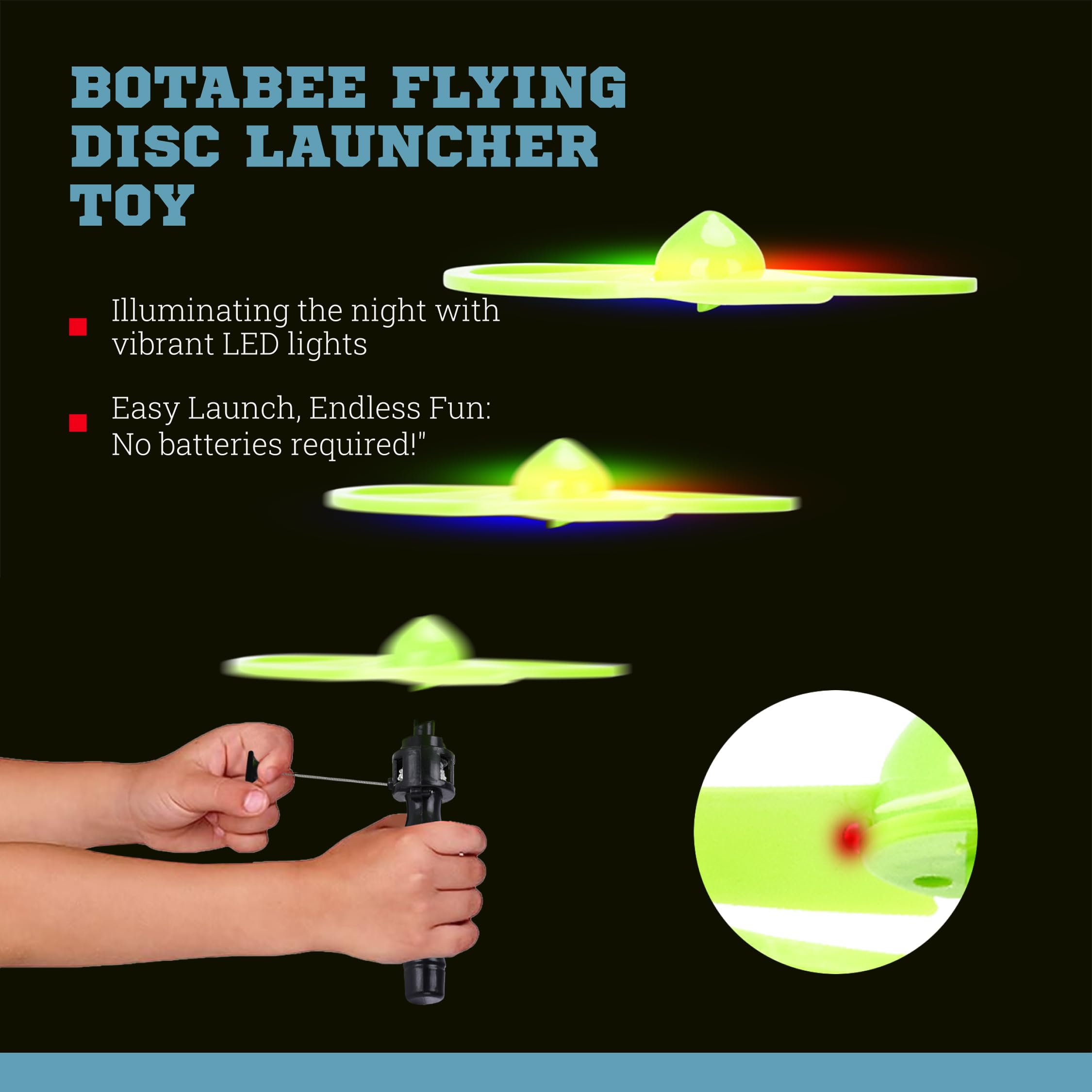 Botabee Flying Disc Launcher Toy for Kids - 4.5" Pull String Launcher Glowing Disk for Outdoor Fun - Durable Plastic Flying Disc Toy - Early Childhood Development Spin Disc and Birthday Party Favor