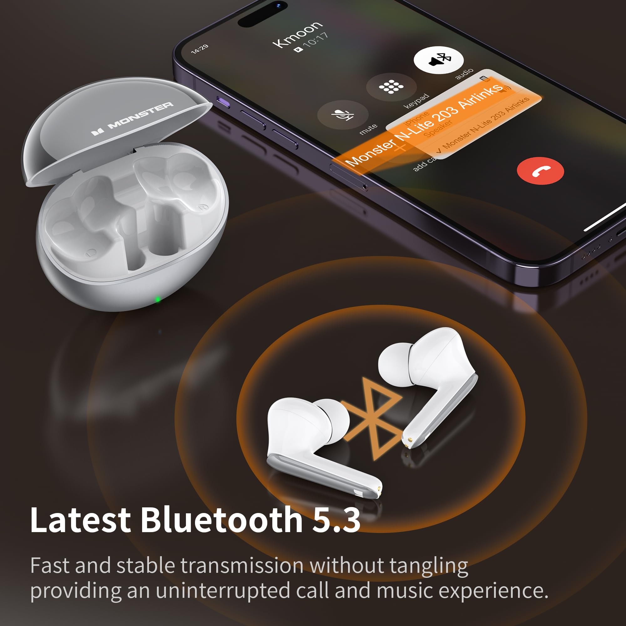 Monster N-Lite 203 AirLinks Wireless Earbuds, Bluetooth Headphones with HiFi Stereo, Wireless Earphones with HD Clear Call, 30H Playback, Type-C Charging, Touch Control, IPX6 Waterproof in-Ear Earbuds