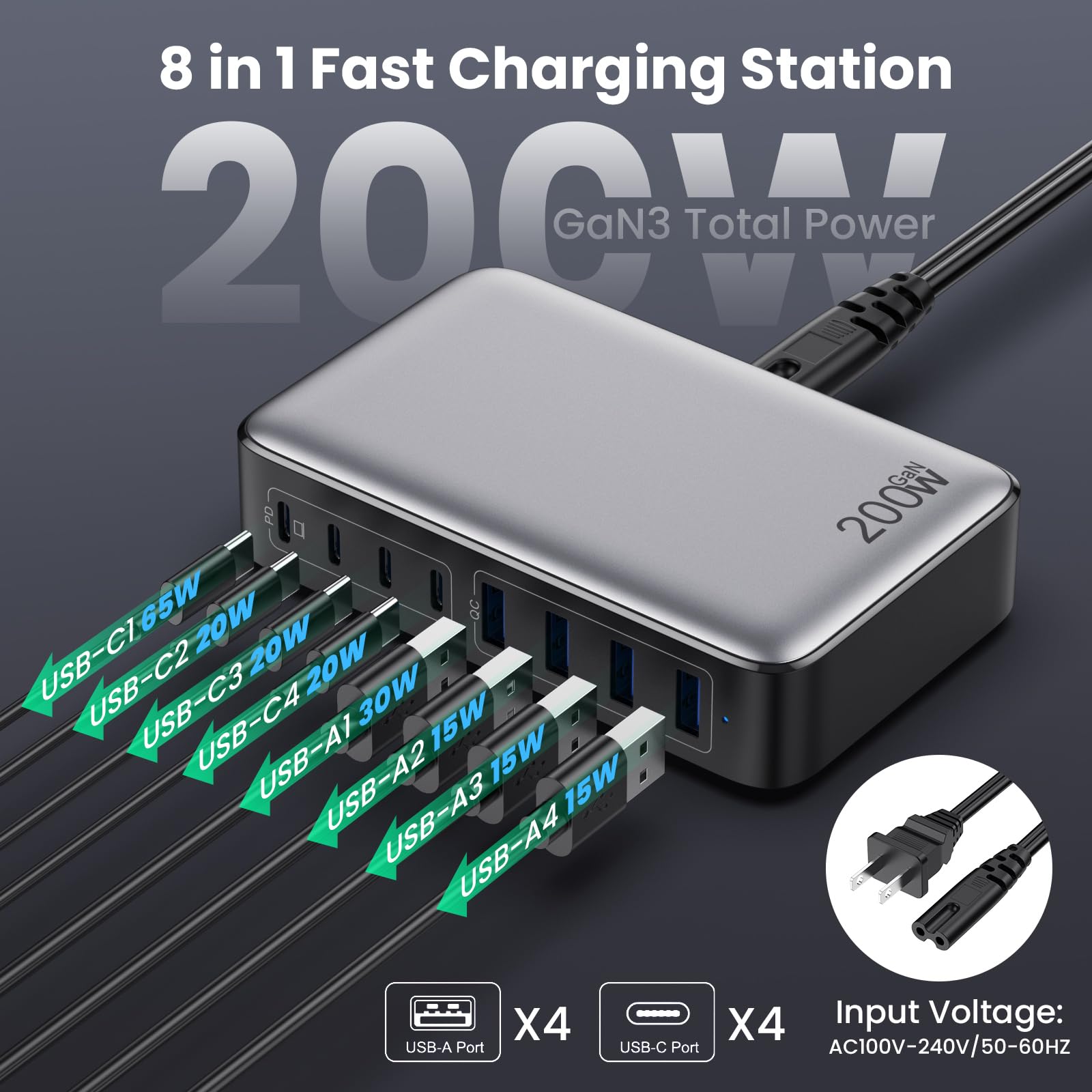 USB C Charger 200W USB C Charger Block,Upgraded GaN III 8-Port Fast Charging Station Hub,PD 65W Laptop Charger Adapter Compatible with MacBook Pro/Air,DELL,Steam Deck,iPhone 16/15/14,Galaxy S23/22 etc