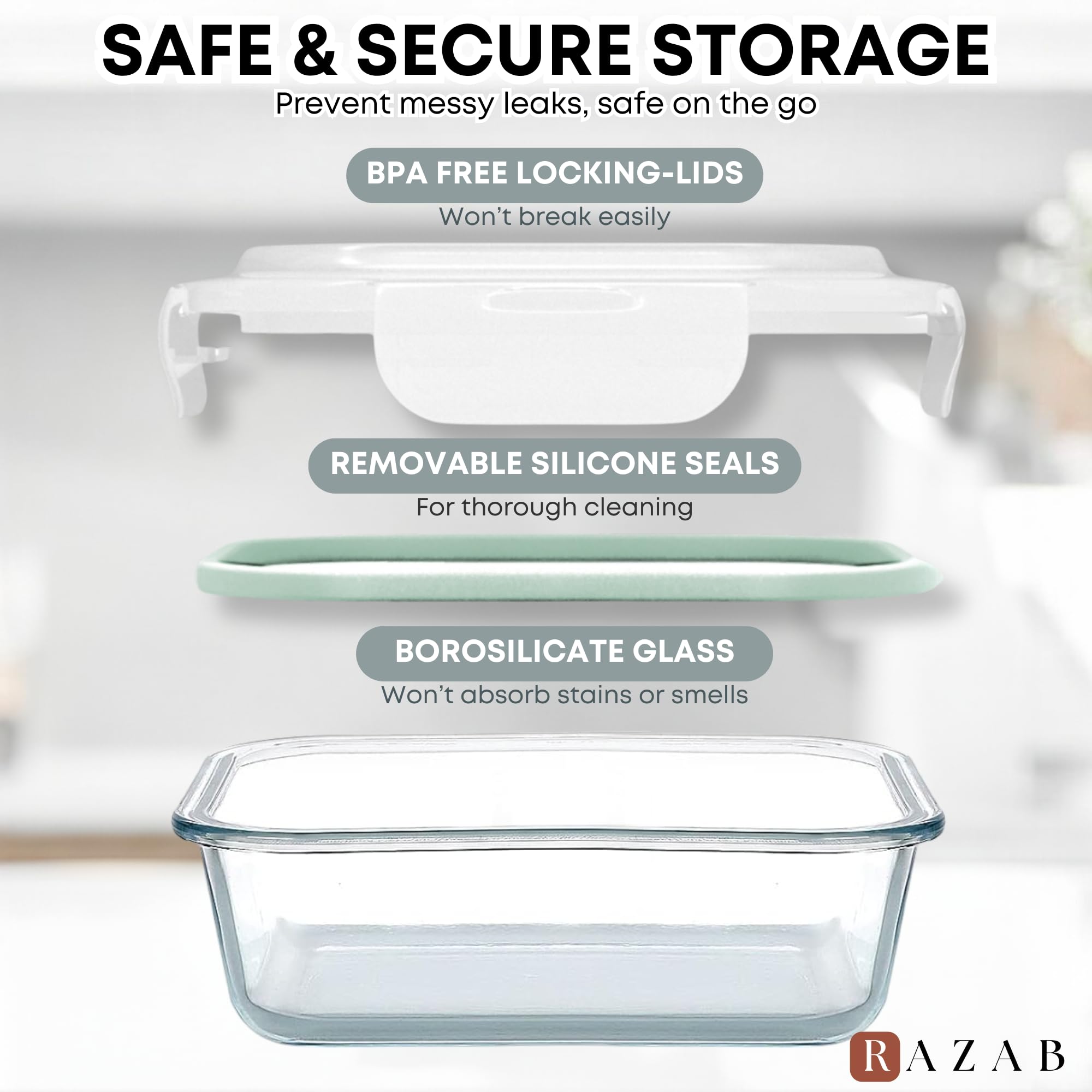 Razab 6 PC Square Glass Food Storage Containers with Airtight lids (74, 40 & 27 oz) Kitchen Glass Meal Prep Containers Set for Freezer Reusable Leftover Lunch Boxes, Oven, Microwave, Dishwasher Safe
