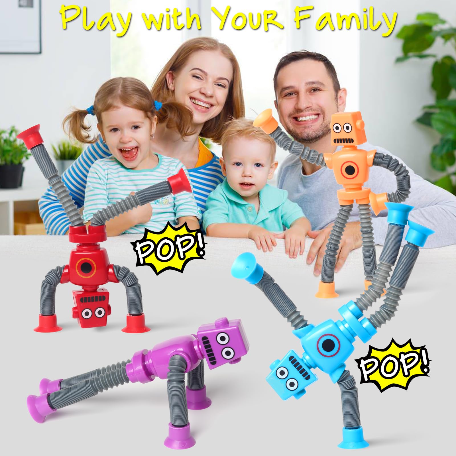 SYSAMA 4 Pcs Telescopic Suction Cup Robot Toy, Coolest Pop Tubes Sensory Toys for Toddlers, Educational Fidget Toys Robot Party Favors for Anxiety Kids for 3-9 Year Old Boys Girls