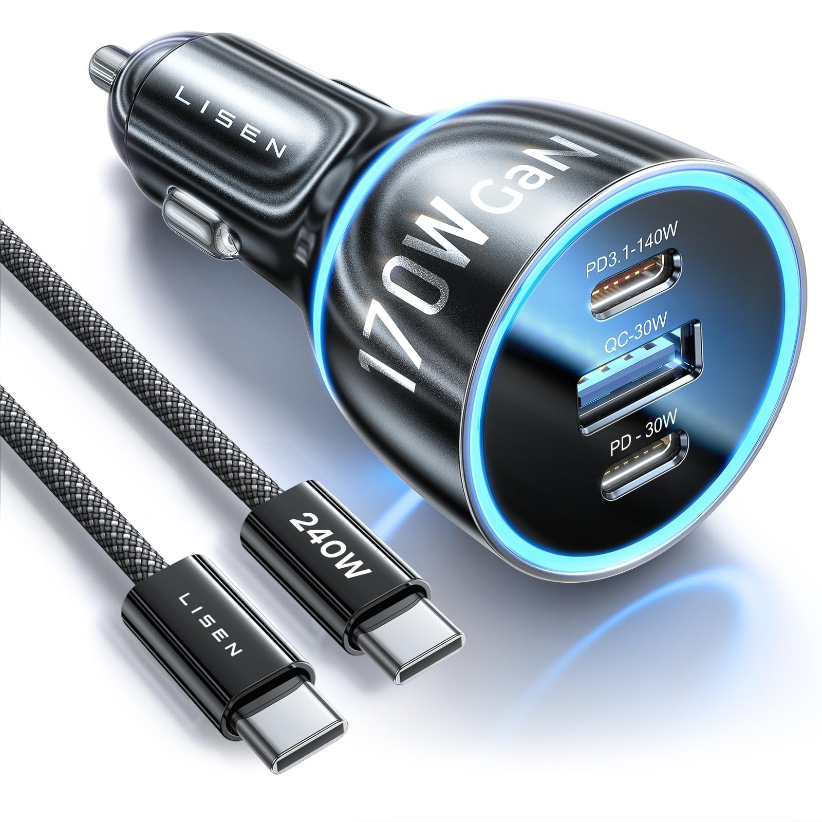 LISEN 170W for iPhone 16 Pro Max Car Charger USB C [GaN]PD3.1 140W+PD30W USB C Super Fast Car Charger Adapter Type C Fast Charging for iPhone 15 Pro Max Plus Laptop Macbook iPad Samsung Galaxy S24 S23