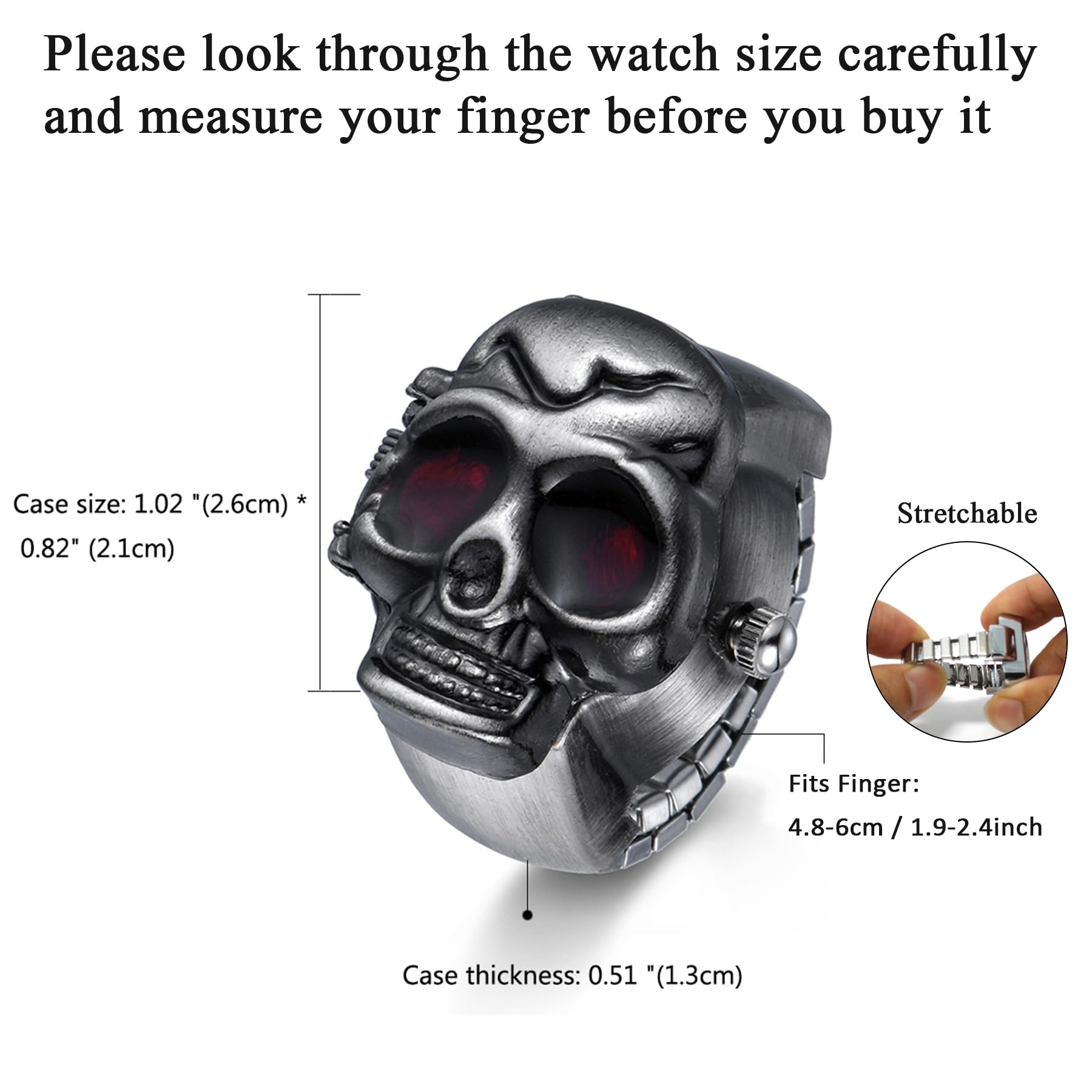 JewelryWe Men Women Finger Watch Punk Skull Flip-Open Cover Quartz Analog Ring Watches Adjustable Size