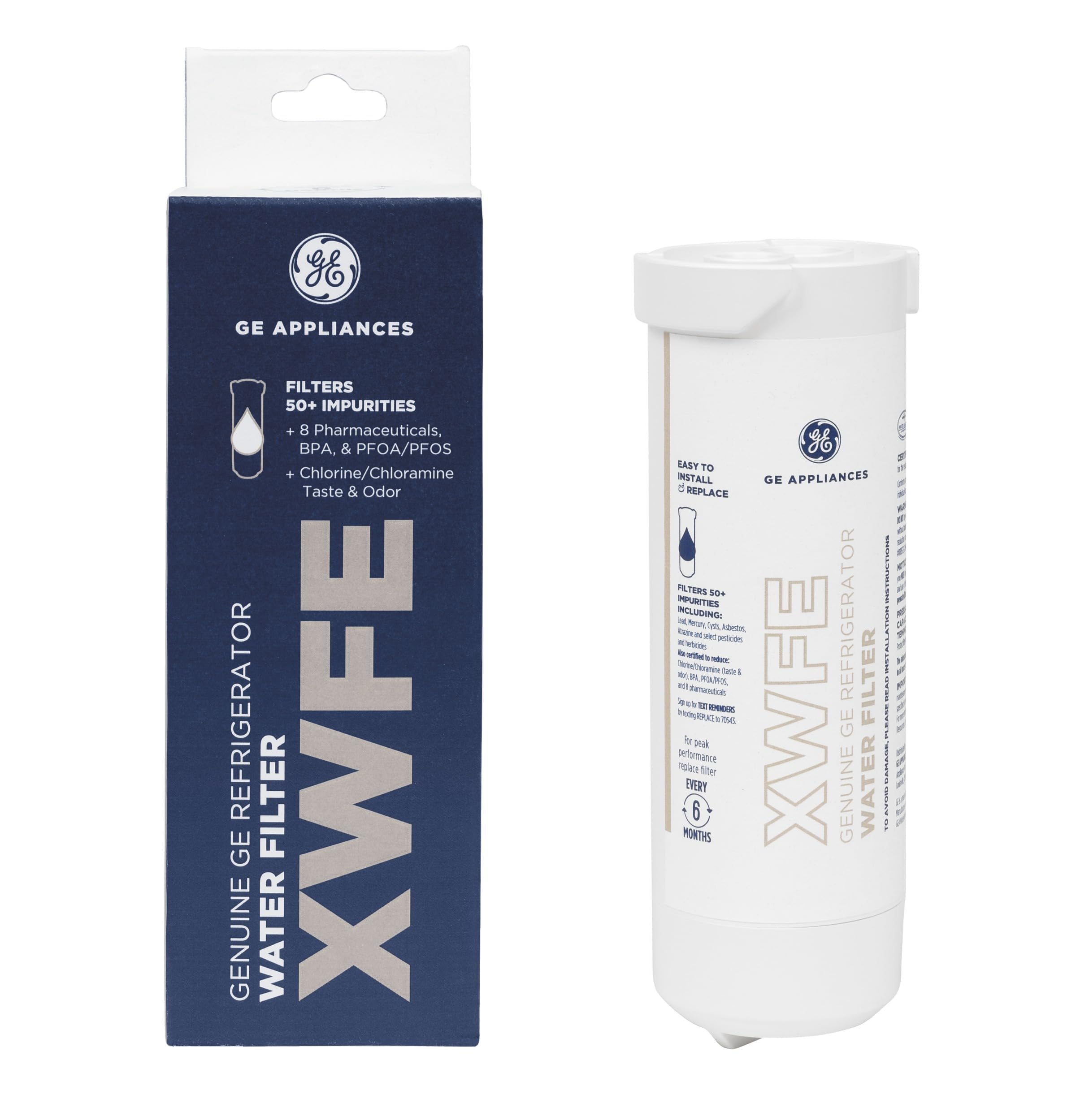 GE XWFE Refrigerator Water Filter, Genuine Replacement Filter, Certified to Reduce Lead, Sulfur, and 50+ Other Impurities, Replace Every 6 Months for Best Results, Pack of 1