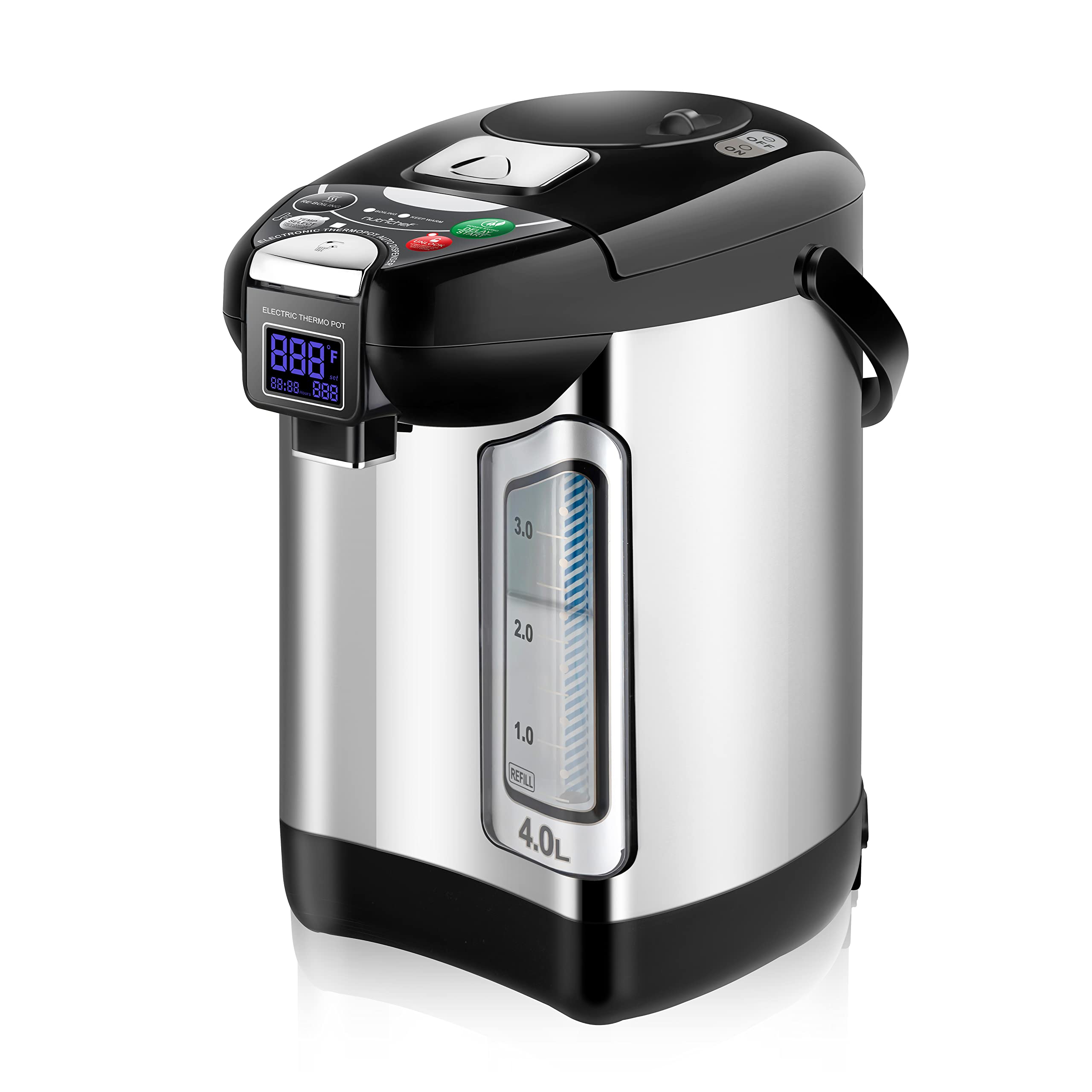 NutriChef Digital Water Boiler and Warmer - 4L/4.23 Qt Stainless Electric Hot Water Dispenser w/ LCD Display, Rotating Base, Keep Warm, Auto Shut Off, Safety Lock, Instant Heating for Coffee & Tea